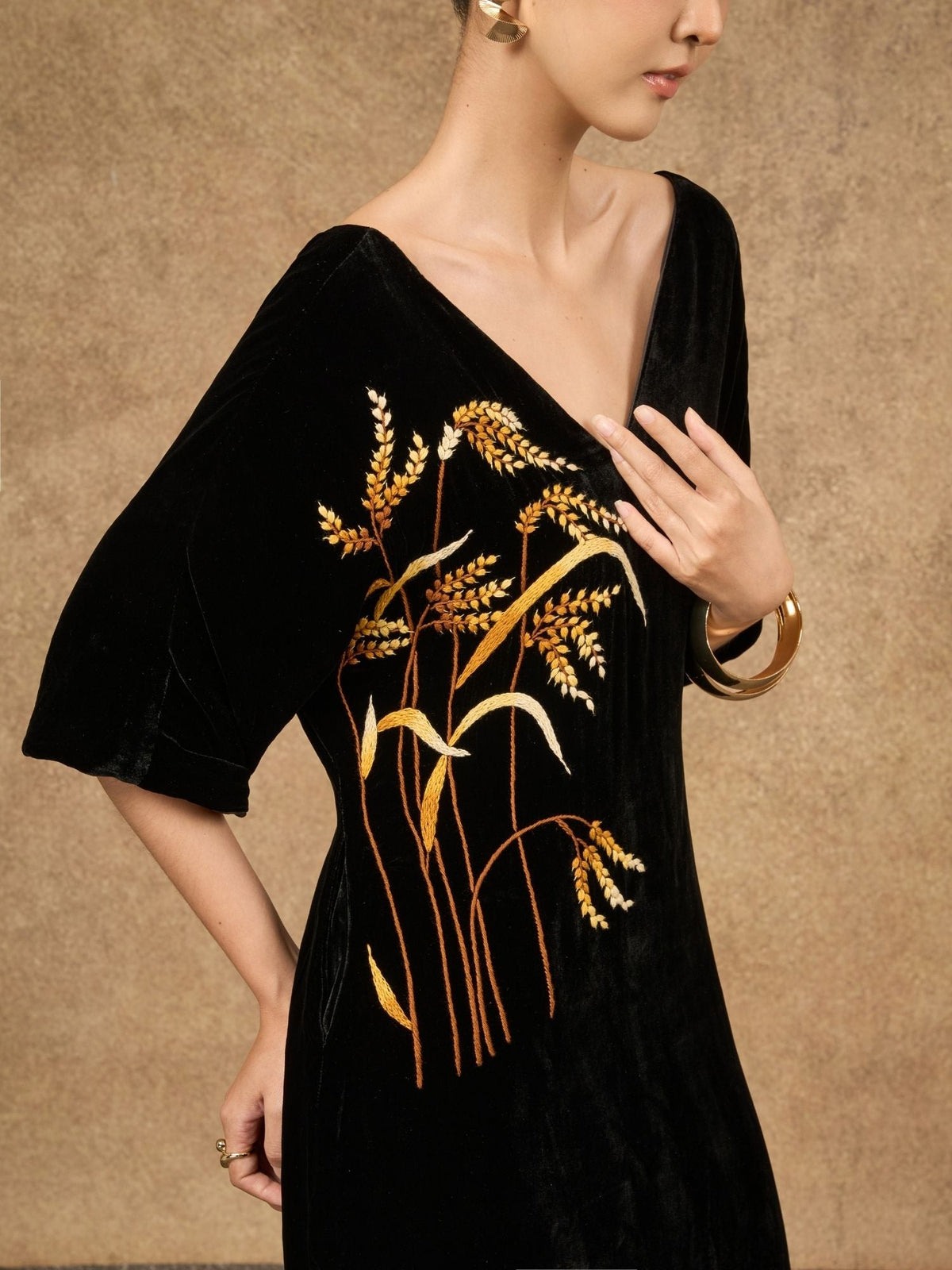 SILK &amp; BEARS black velvet dress, hand-embroidered gold and bronze thread detail close-up, women's evening dress, buy at DOORS NYC