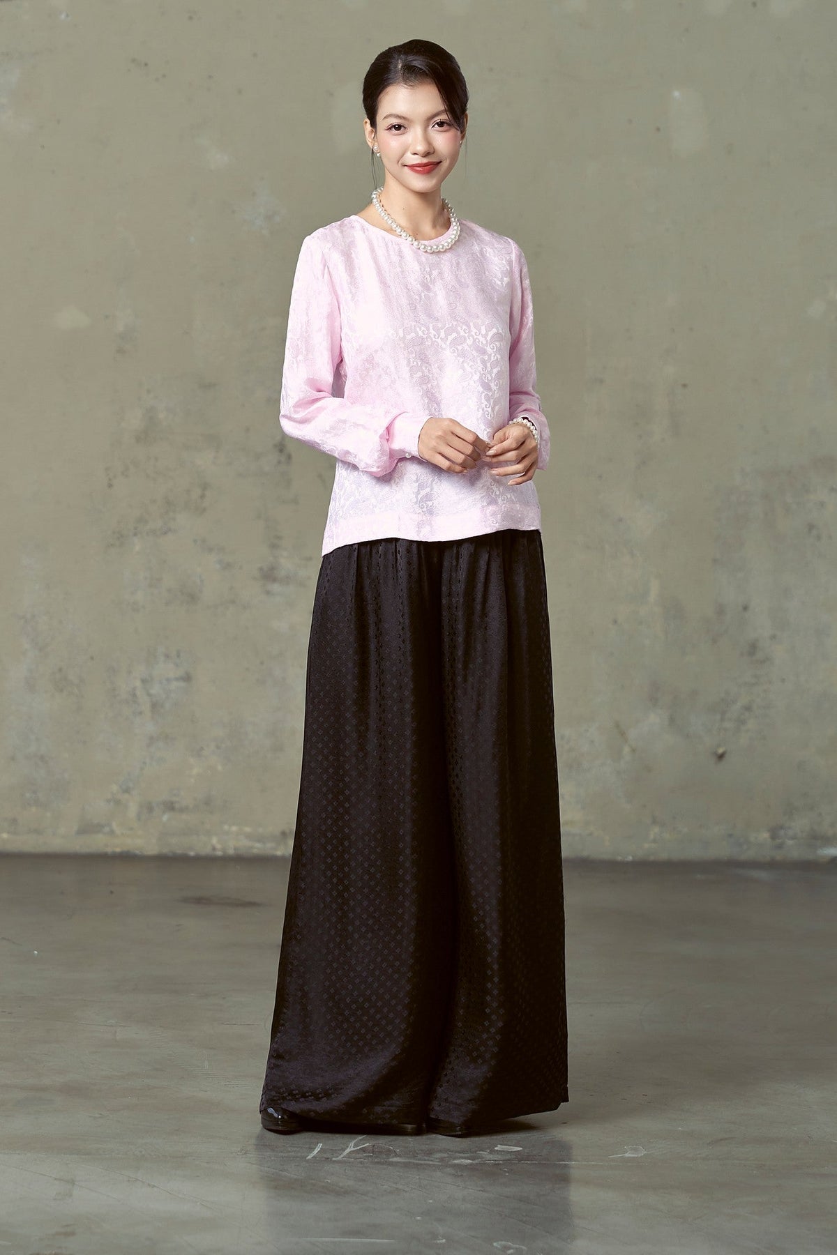 SILK &amp; BEARS Portia black silk jacquard wide-leg trousers with woven diamond texture, women's evening trousers, buy at DOORS NYC