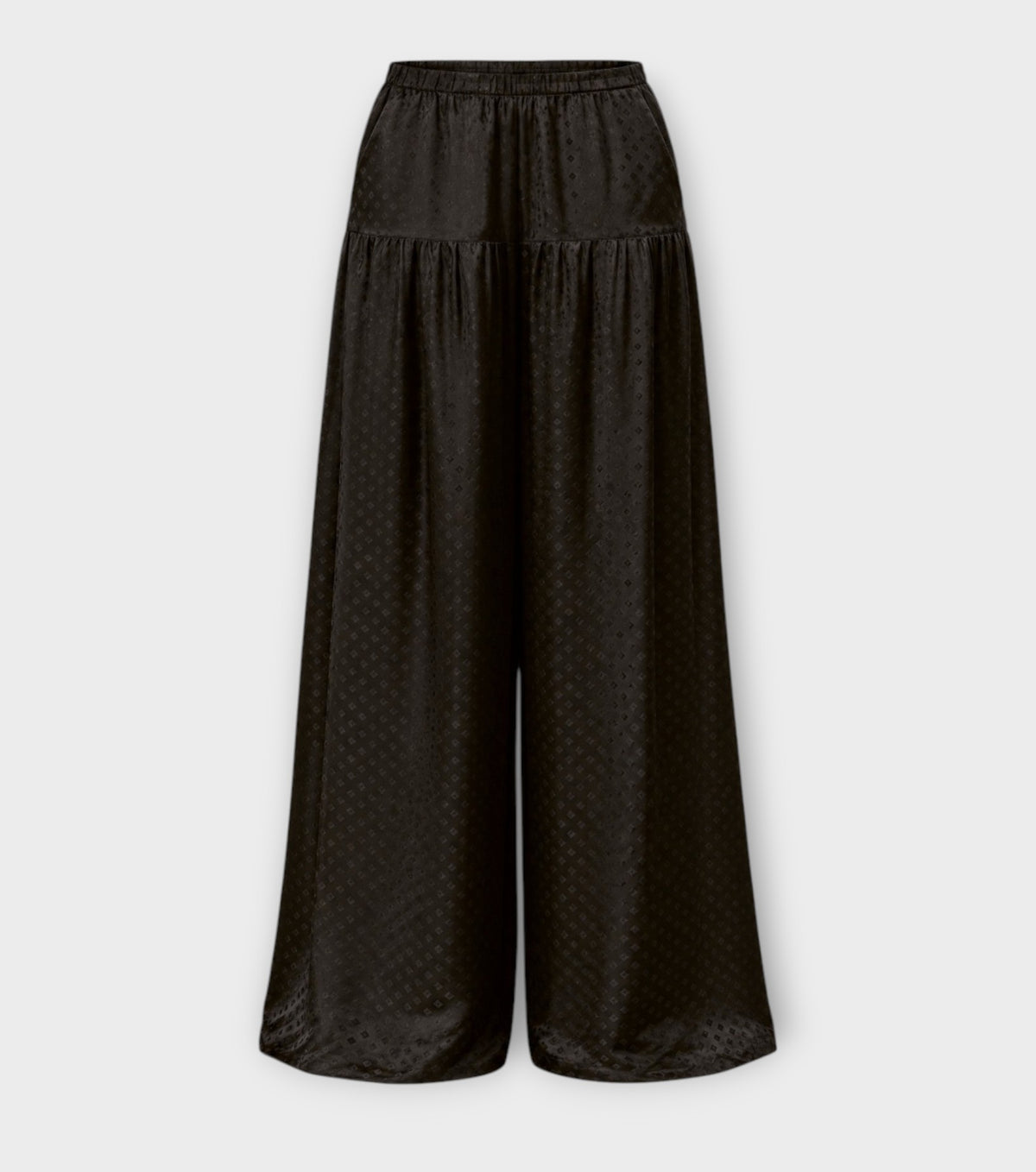 SILK &amp; BEARS black silk jacquard wide-leg trousers worn by model, women's tailored evening trousers, buy at DOORS NYC