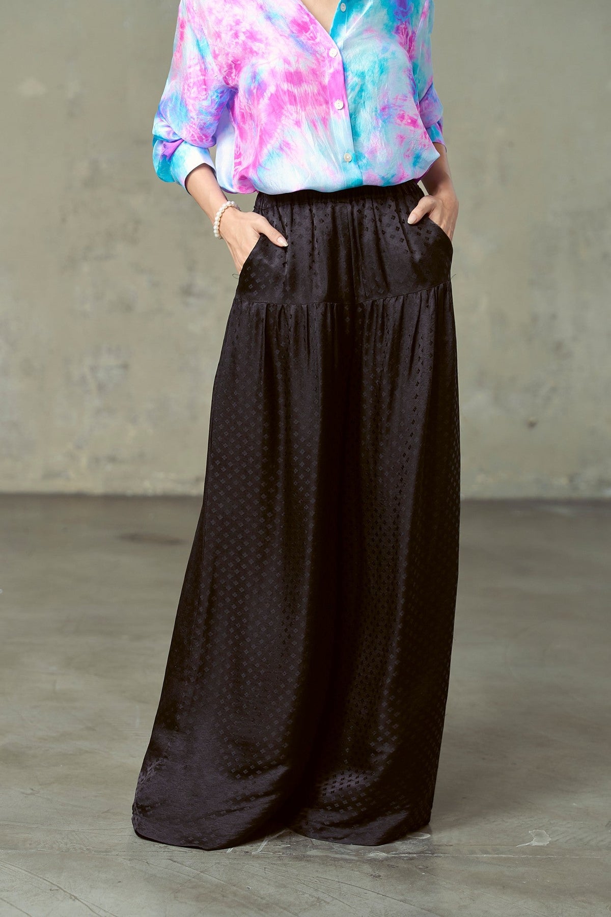 SILK &amp; BEARS Portia black wide-leg silk trousers, styled look with heels, women's holiday party trousers, buy at DOORS NYC