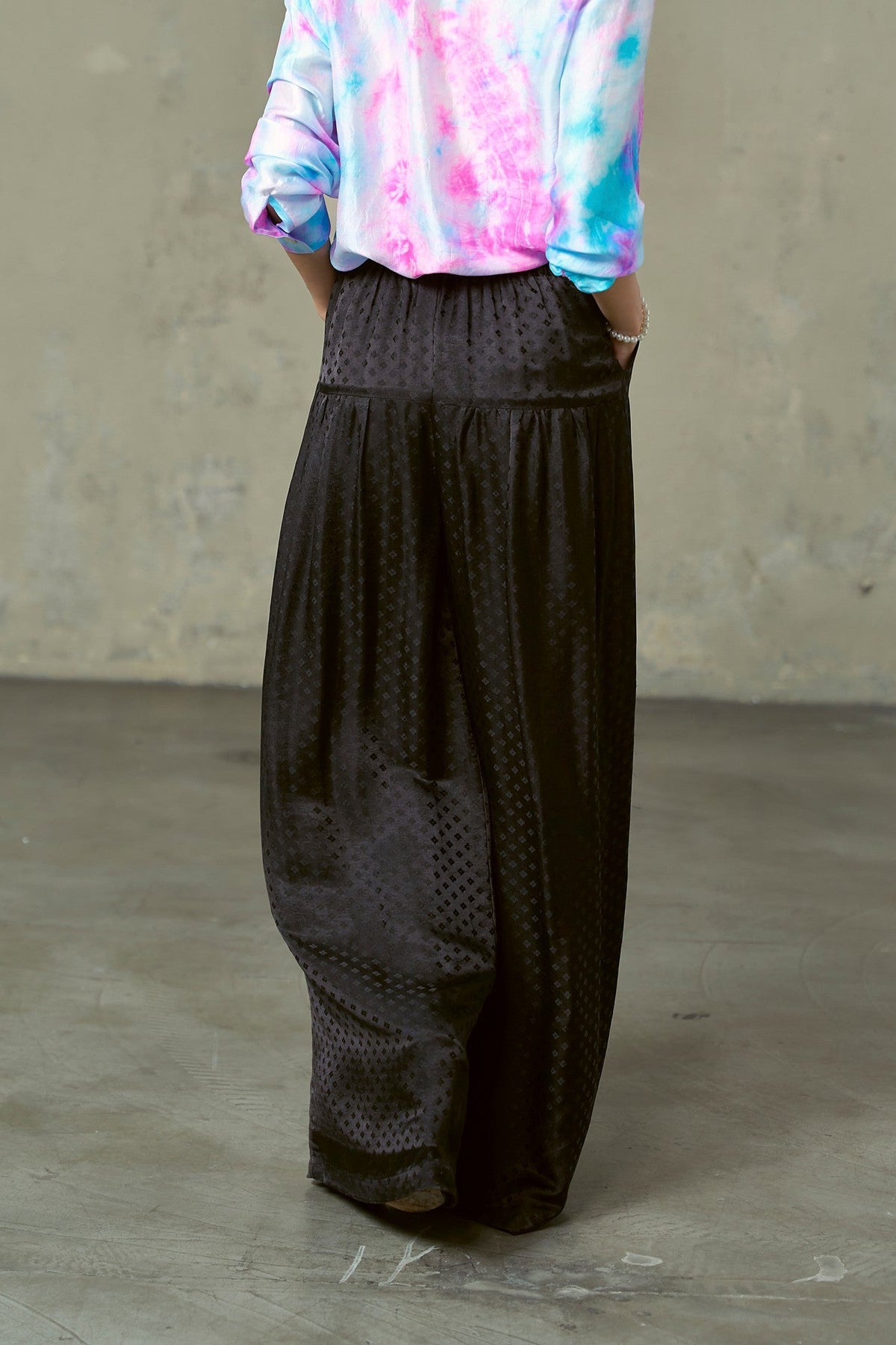 SILK &amp; BEARS black silk jacquard trousers, full length wide leg, women's elevated trousers, buy at DOORS NYC