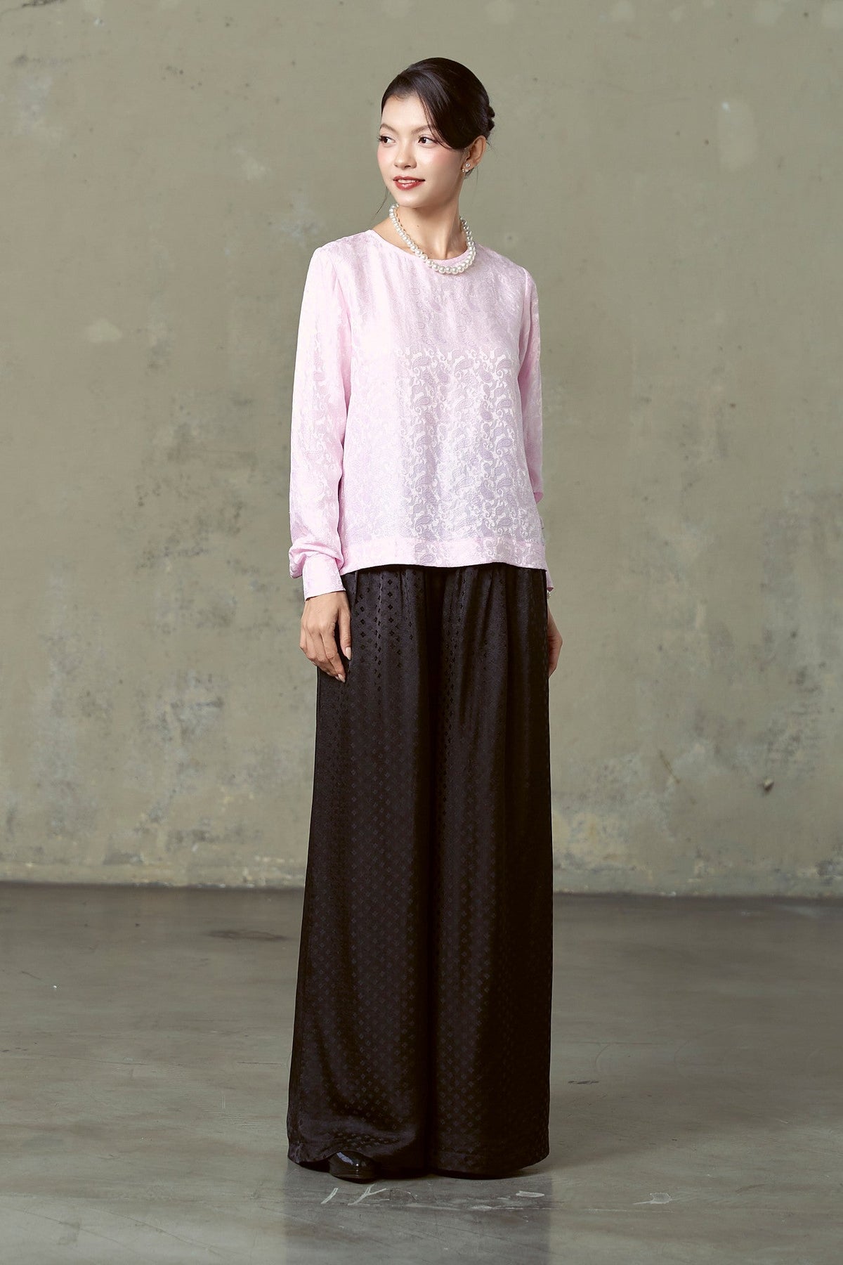 SILK &amp; BEARS Portia Jet Diamond black wide-leg trousers worn by model, women's dressy trousers, buy at DOORS NYC