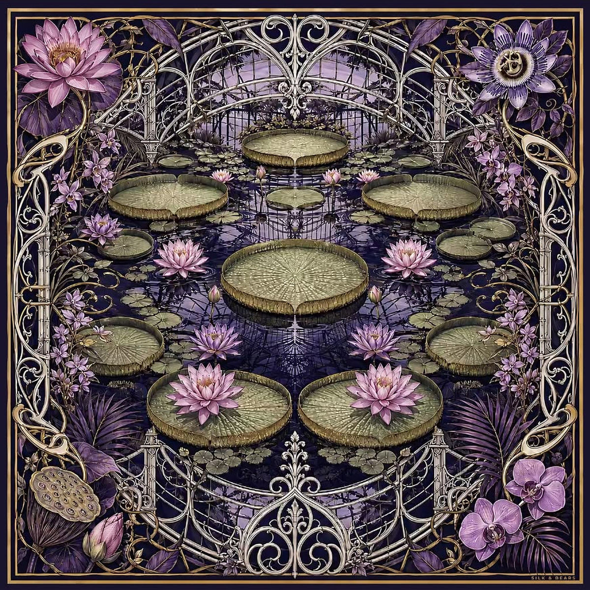 SILK &amp; BEARS Waterlily House at Night wool-silk scarf with lilac and pink waterlilies, women's winter scarf, buy at DOORS NYC