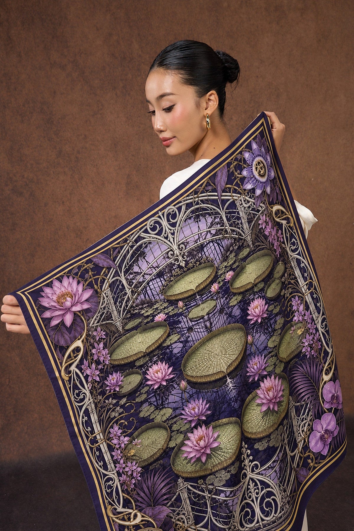 SILK &amp; BEARS waterlily print wool-silk scarf worn by model at the neck, women's square scarf, buy at DOORS NYC