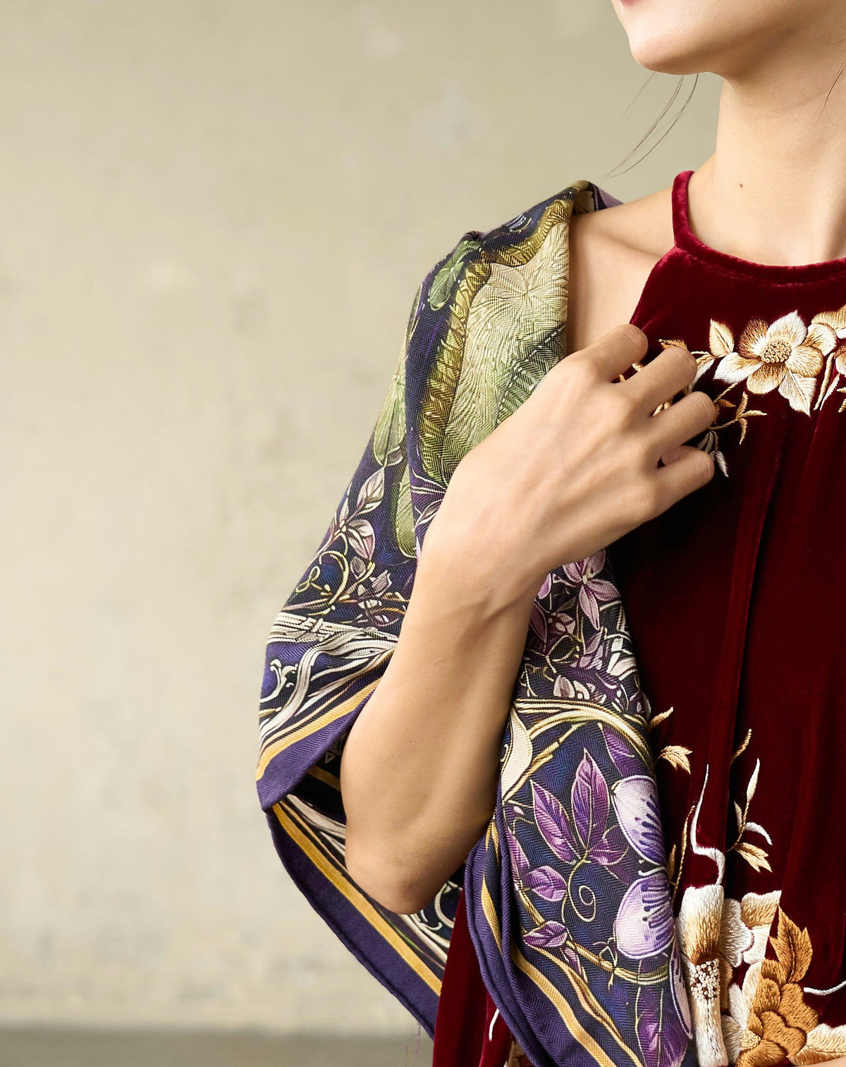 SILK &amp; BEARS waterlily glasshouse print scarf with gold border, styled look, women's square scarf, buy at DOORS NYC
