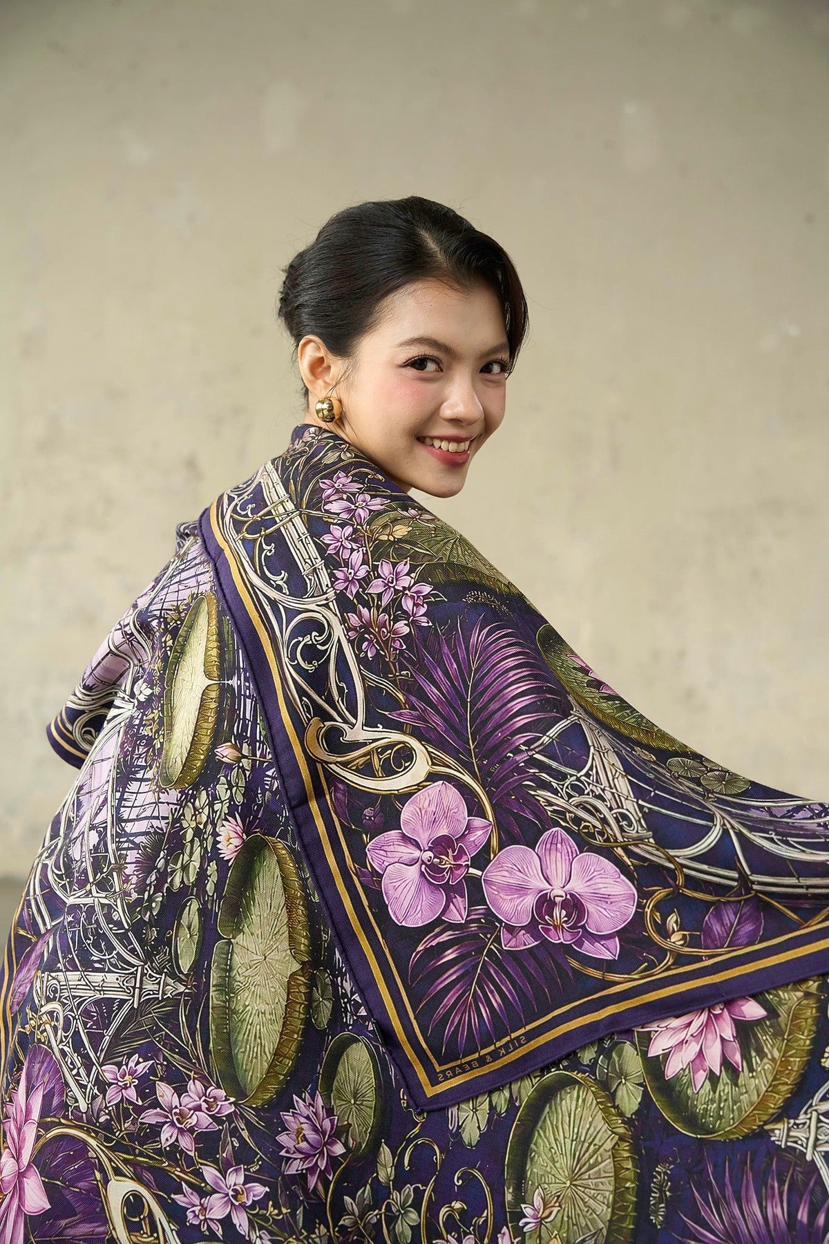 SILK &amp; BEARS wool-silk scarf with hand-rolled hem, close-up of waterlily print, women's gift scarf, buy at DOORS NYC