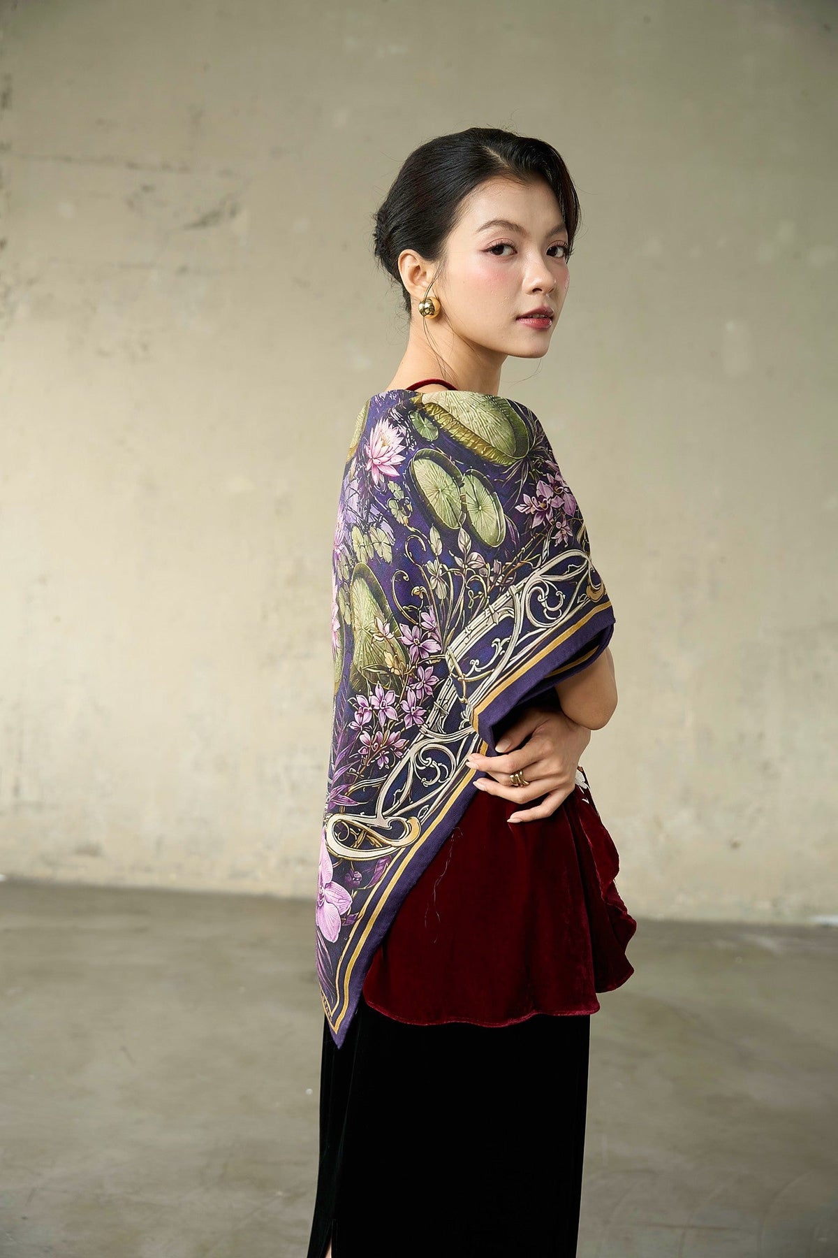 SILK &amp; BEARS purple wool-silk square scarf, styled look, women's holiday gift scarf, buy at DOORS NYC