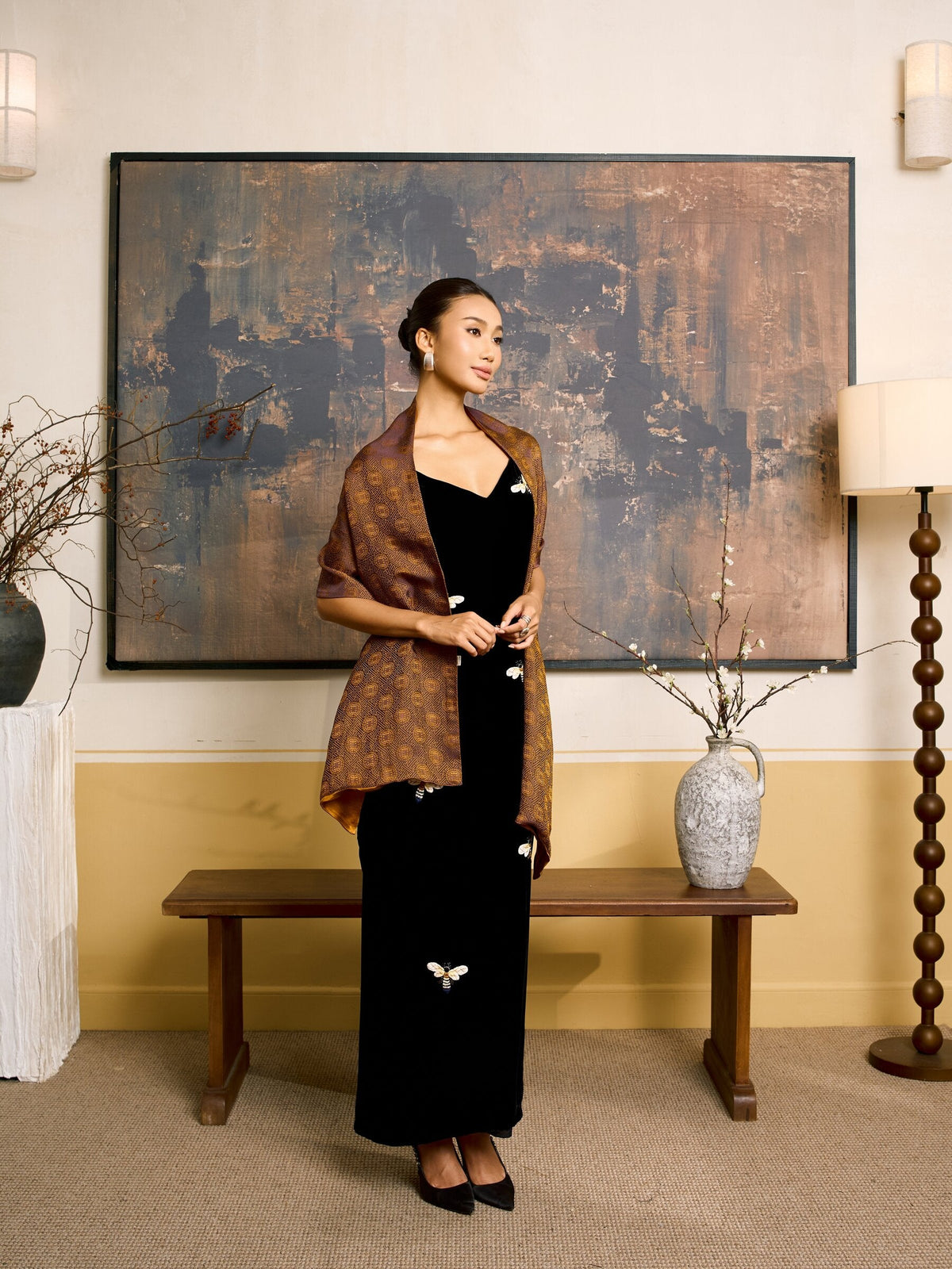 SILK &amp; BEARS Amber &amp; Gold reversible silk shawl worn by model over evening wear, women's holiday party wrap, buy at DOORS NYC