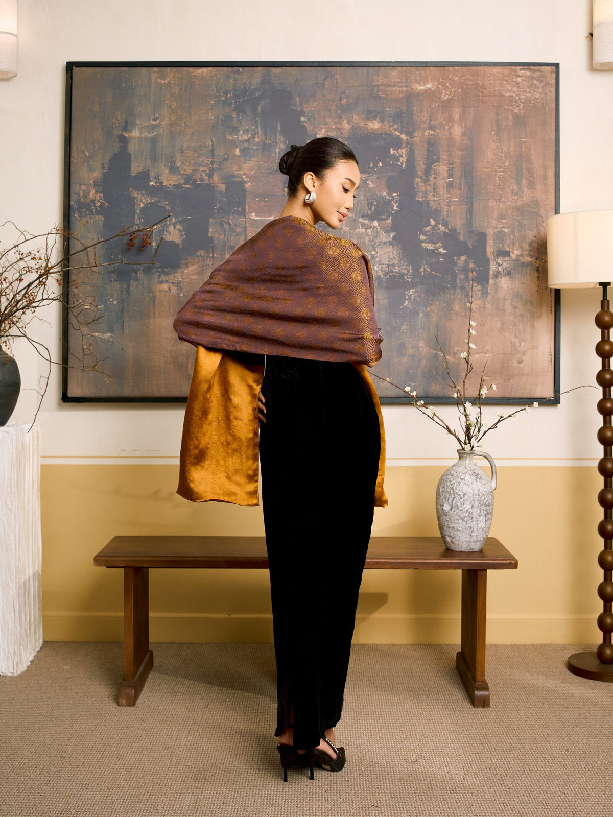 SILK &amp; BEARS amber jacquard silk evening shawl, styled look, women's wedding guest wrap, buy at DOORS NYC