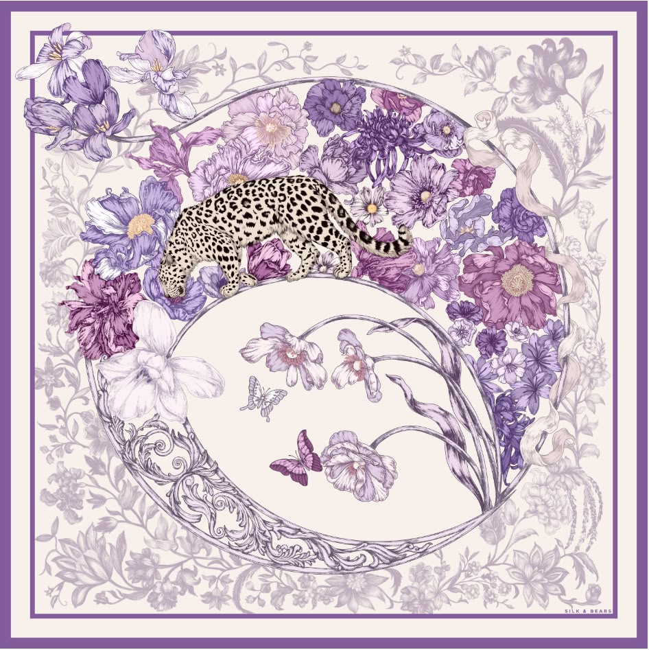 SILK &amp; BEARS lilac and violet leopard silk twill scarf with floral print, women's square scarf, buy at DOORS NYC