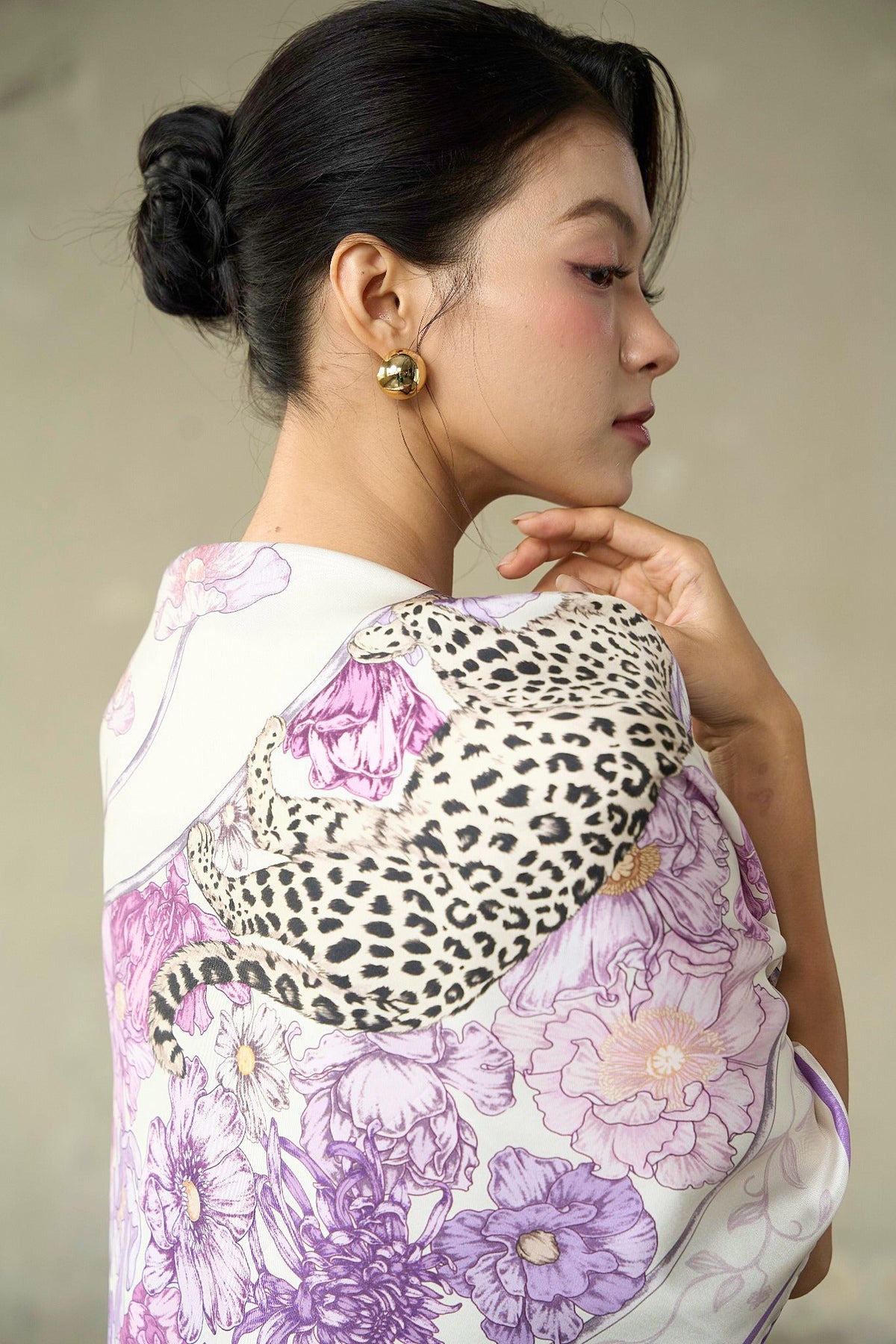 SILK &amp; BEARS lilac leopard silk scarf as headscarf, styled look, women's silk twill scarf, buy at DOORS NYC