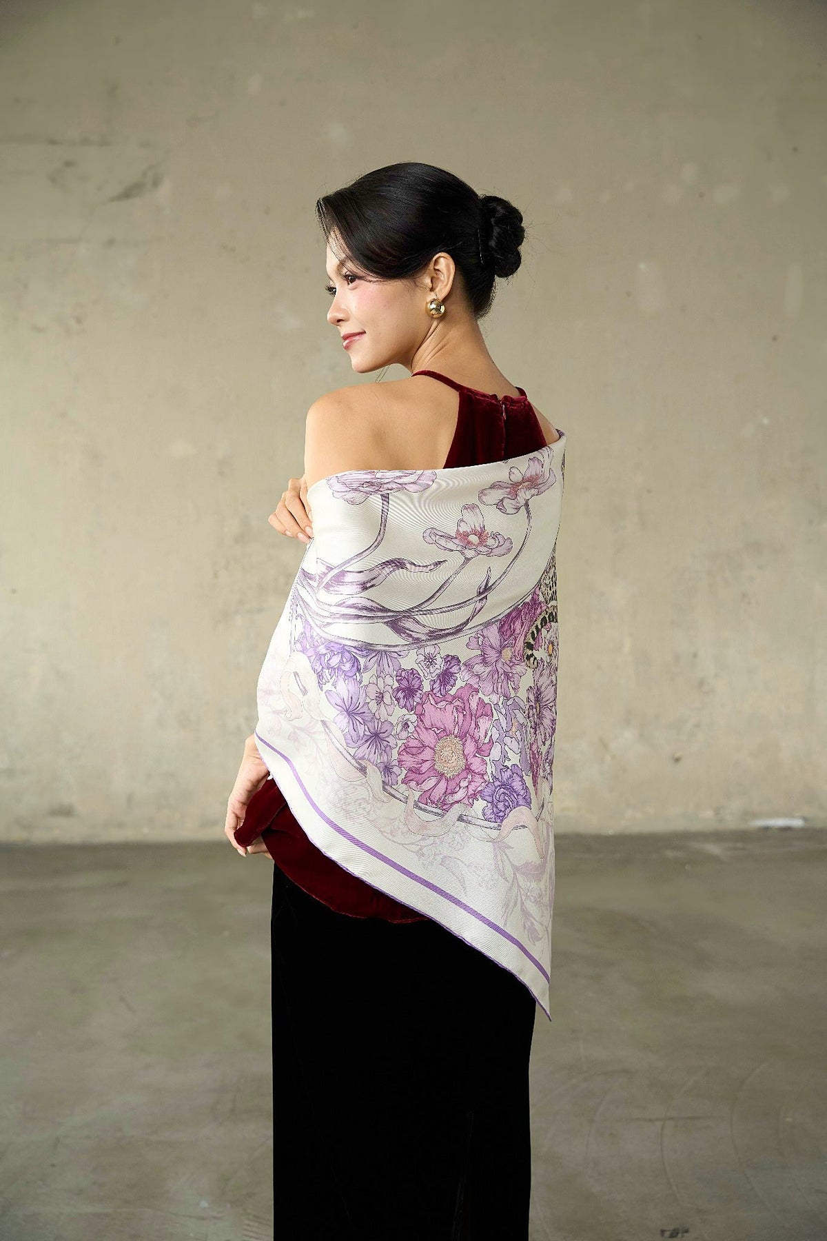 SILK &amp; BEARS lilac and plum leopard print scarf, worn by model, women's square silk scarf, buy at DOORS NYC