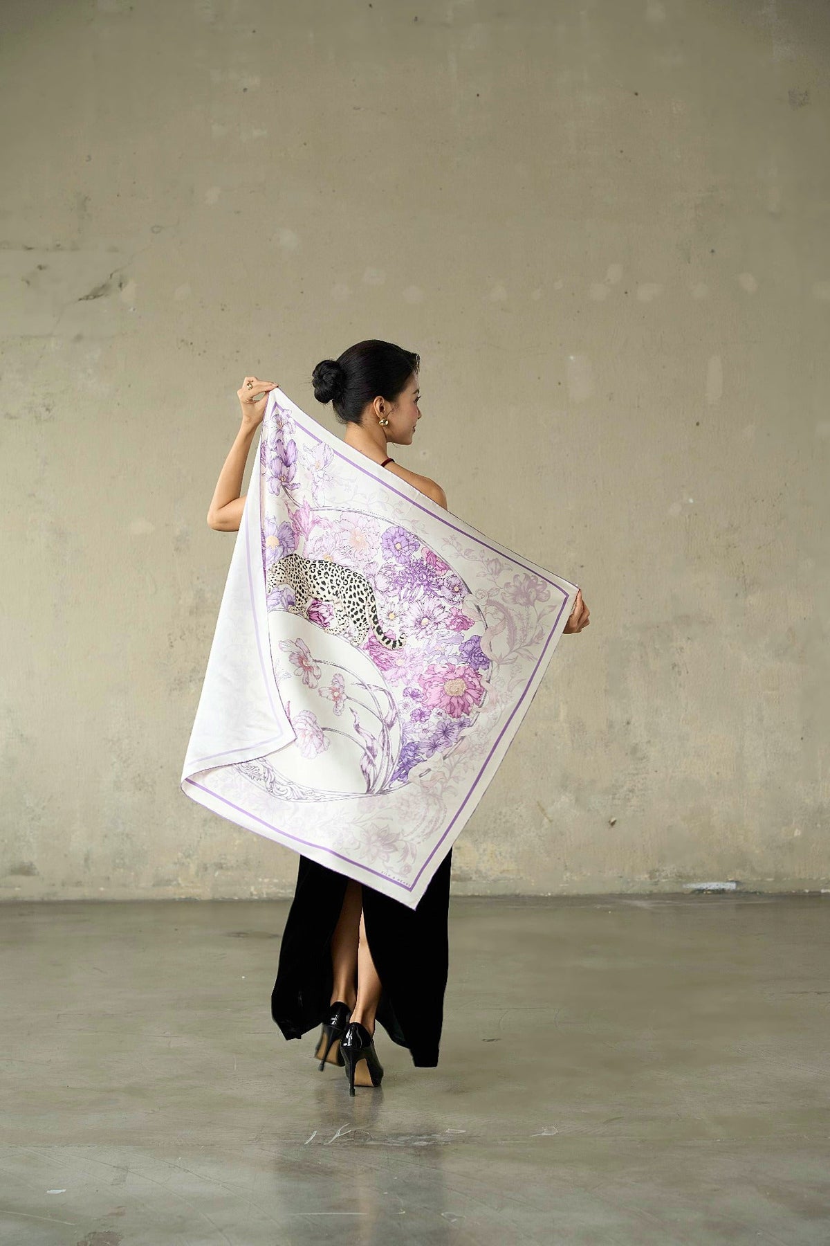 SILK &amp; BEARS violet leopard silk twill scarf draped over shoulders, women's holiday gift scarf, buy at DOORS NYC