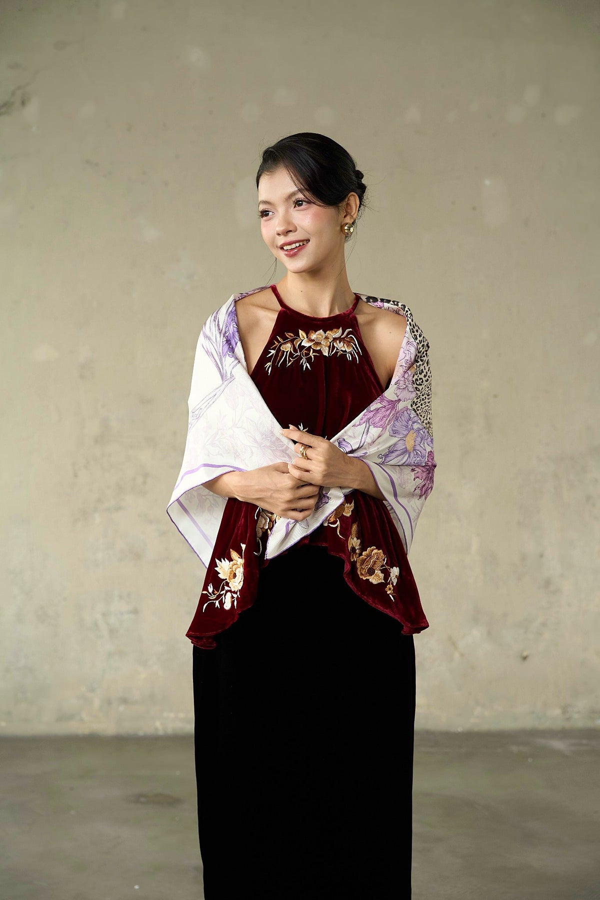 SILK &amp; BEARS lilac and violet leopard scarf, styled look, women's mulberry silk accessory, buy at DOORS NYC