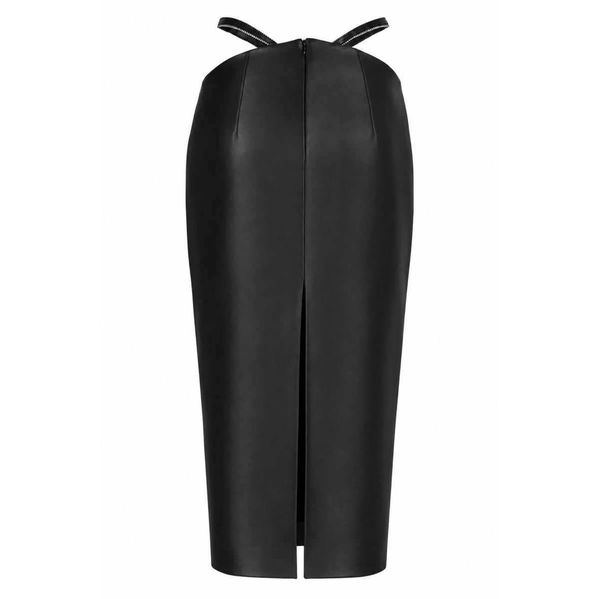 HEIRA LEATHERWEAR black leather high-waisted midi skirt with side cut-outs, women's sculpted leather skirt, back product view, buy at DOORS NYC