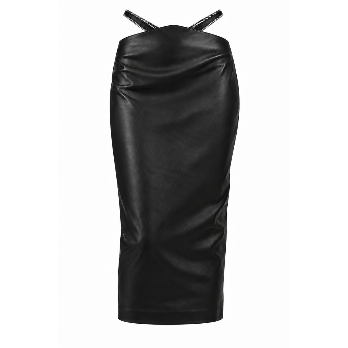 HEIRA LEATHERWEAR black leather high-waisted midi skirt with side cut-outs, women's sculpted leather skirt, product view, buy at DOORS NYC