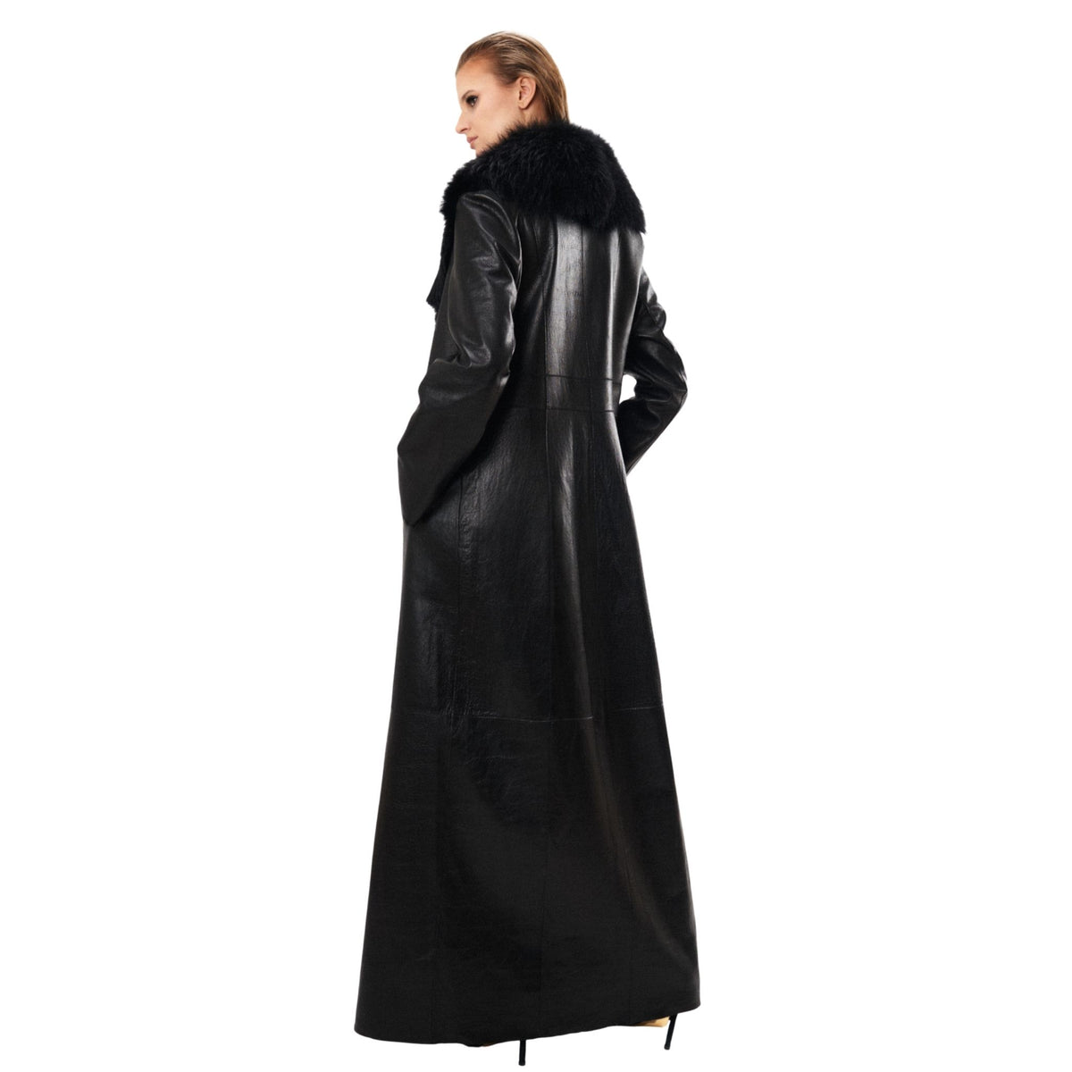 HEIRA LEATHERWEAR black lambskin leather full-length trench coat with lamb fur collar, women's belted leather coat, worn by model, back view, buy at DOORS NYC