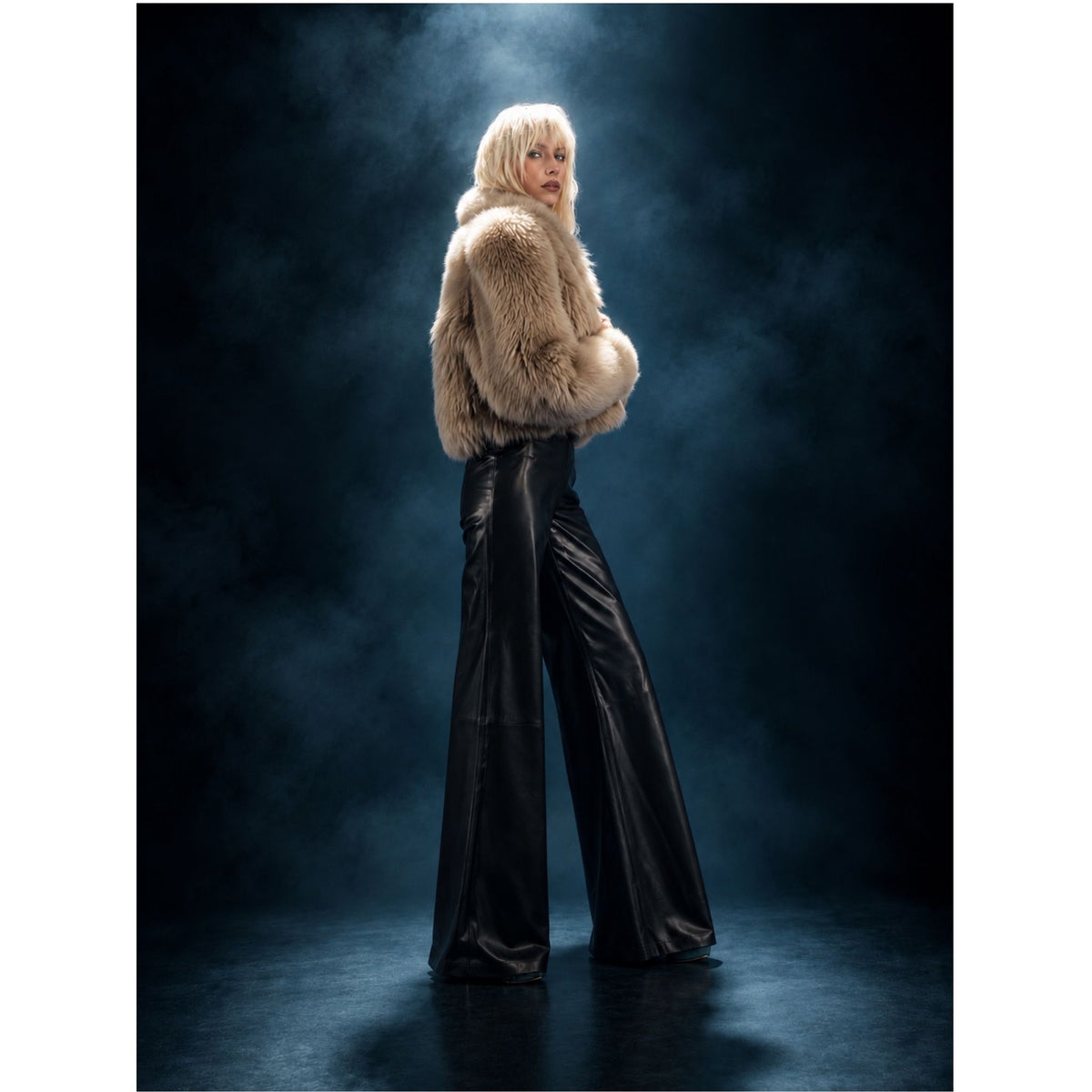 HEIRA LEATHERWEAR beige Toscana shearling oversized cropped fur coat, women's silk-lined winter coat, worn by model, back view, buy at DOORS NYC