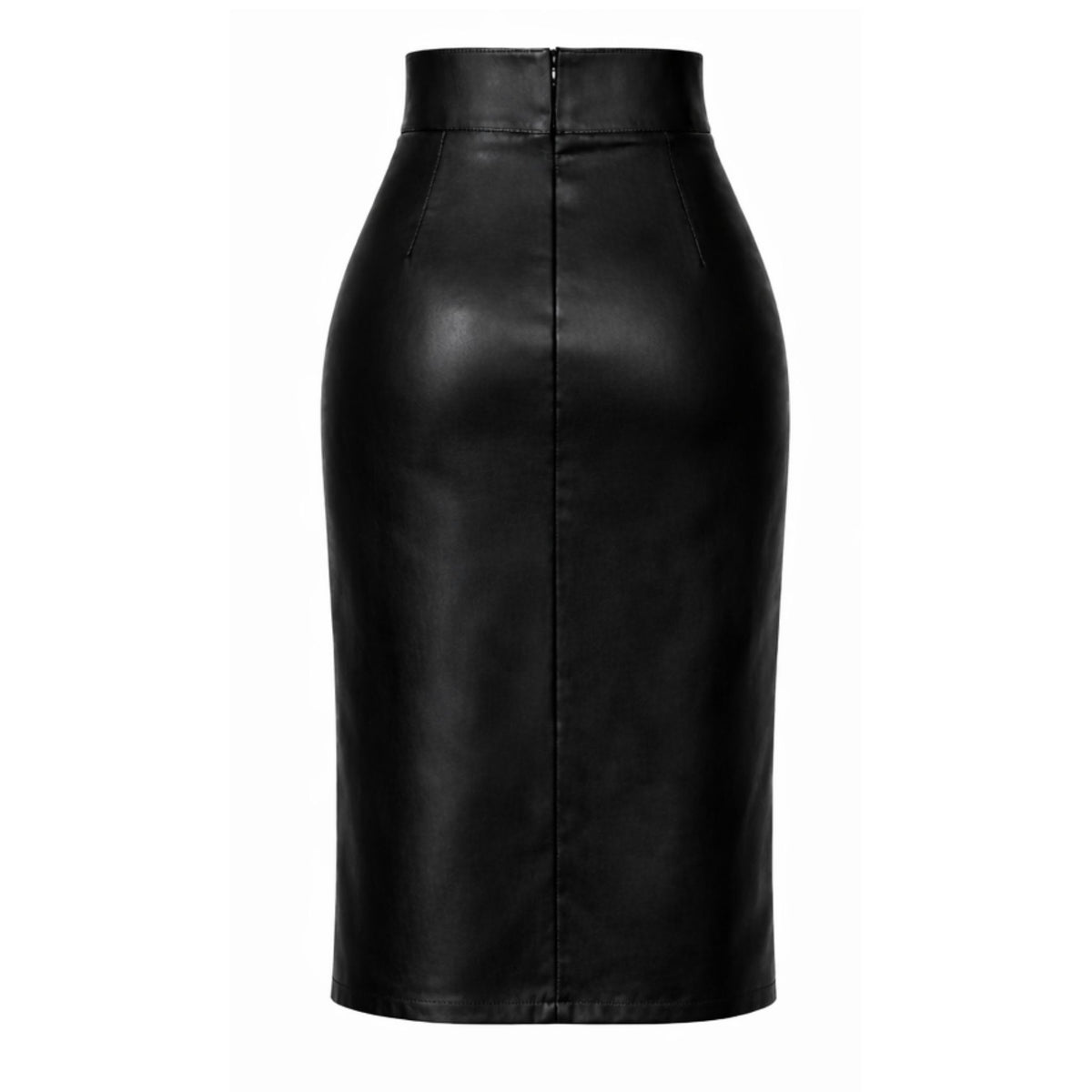 HEIRA LEATHERWEAR black stretch lambskin leather midi skirt with double thigh-high slits, women's leather skirt, product view, buy at DOORS NYC