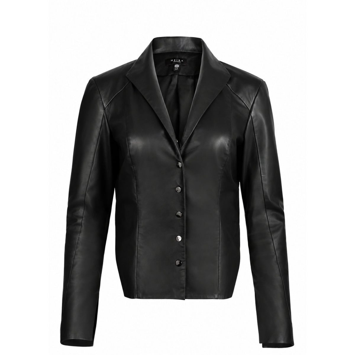 HEIRA LEATHERWEAR black lambskin leather fitted blouse with side slits, women's tailored leather blouse, product view, buy at DOORS NYC
