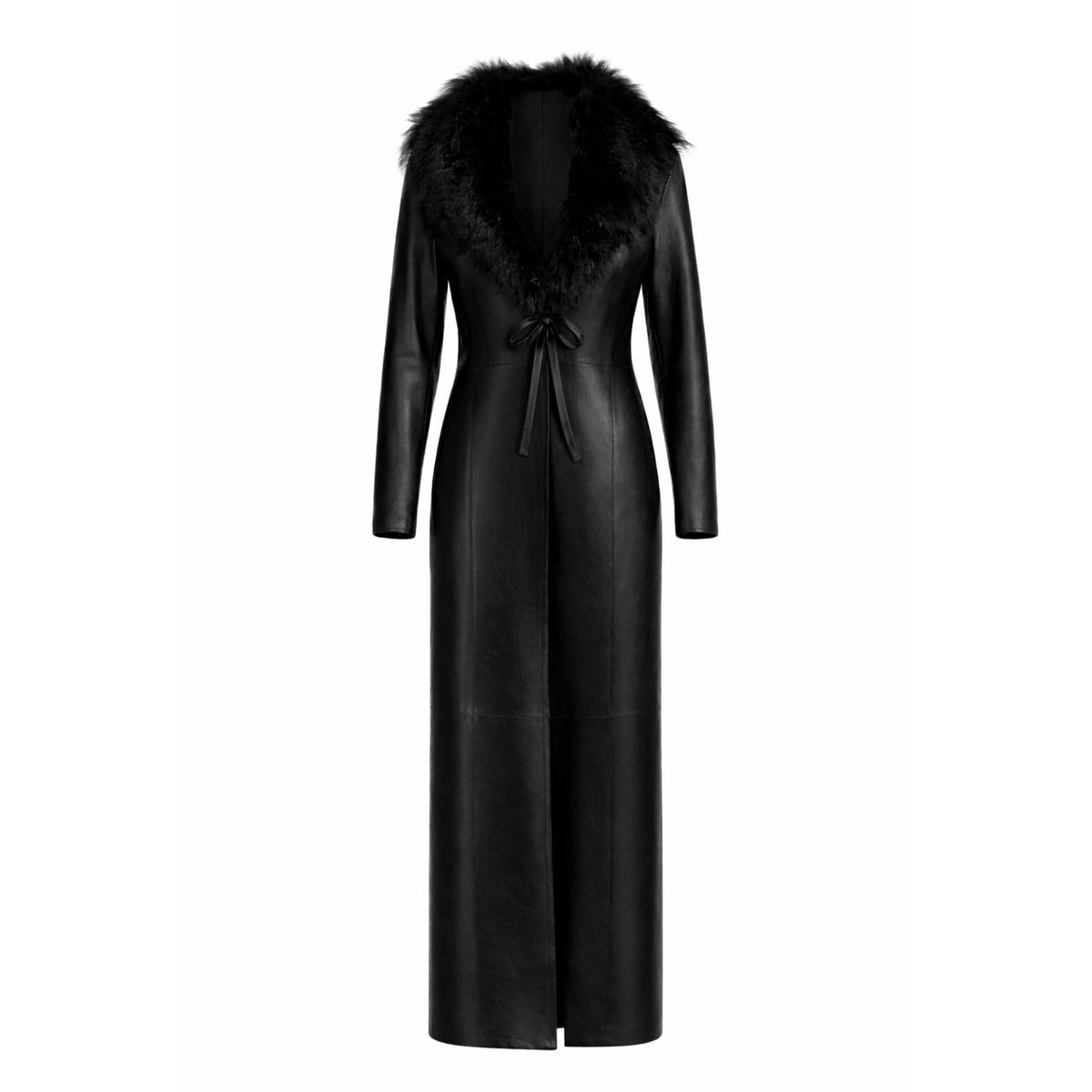 HEIRA LEATHERWEAR black lambskin leather full-length trench coat with lamb fur collar, women's belted leather coat, back product view, buy at DOORS NYC