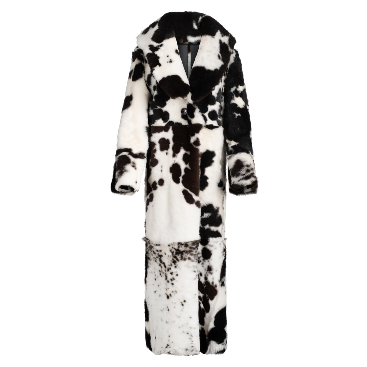 HEIRA LEATHERWEAR black and white reversible lamb shearling full-length coat, women's statement leather coat, product view, buy at DOORS NYC