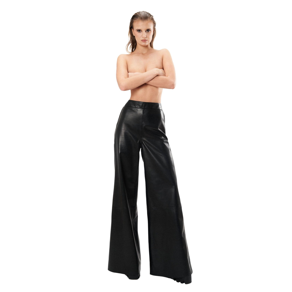 HEIRA LEATHERWEAR black lambskin leather high-waisted wide-leg pants, women's leather trousers, worn by model, look 2, buy at DOORS NYC
