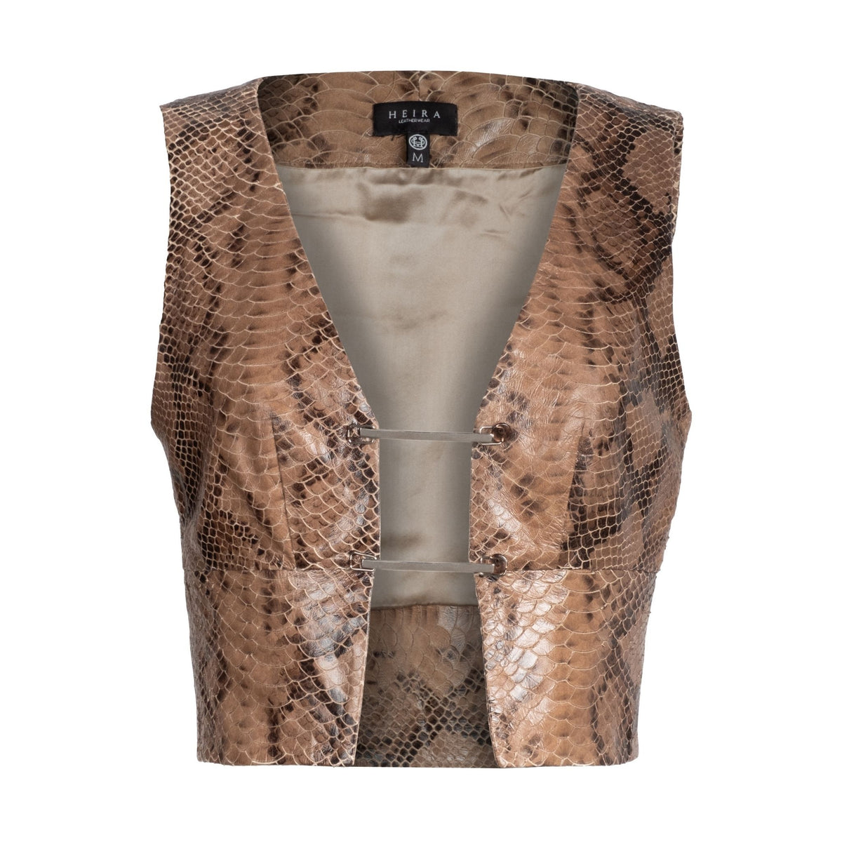 HEIRA LEATHERWEAR brown snakeskin-embossed lambskin leather cropped vest, women's silk-lined leather vest, interior silk lining view, buy at DOORS NYC