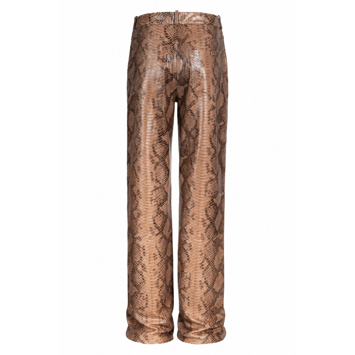 HEIRA LEATHERWEAR brown snakeskin-embossed lambskin leather low-rise pants, women's fitted leather pants, back product view, buy at DOORS NYC