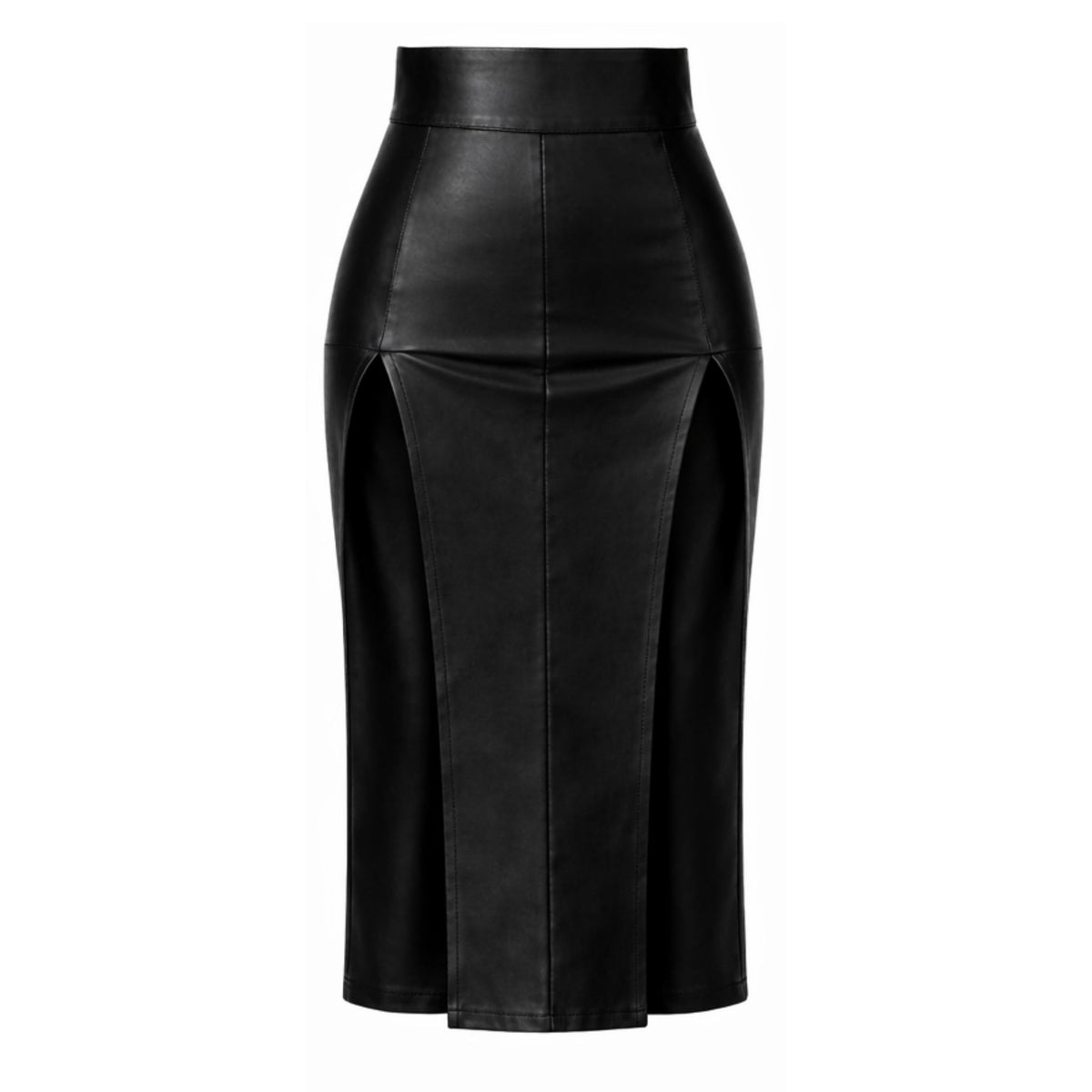 HEIRA LEATHERWEAR black stretch lambskin leather midi skirt with double thigh-high slits, women's leather skirt, back product view, buy at DOORS NYC