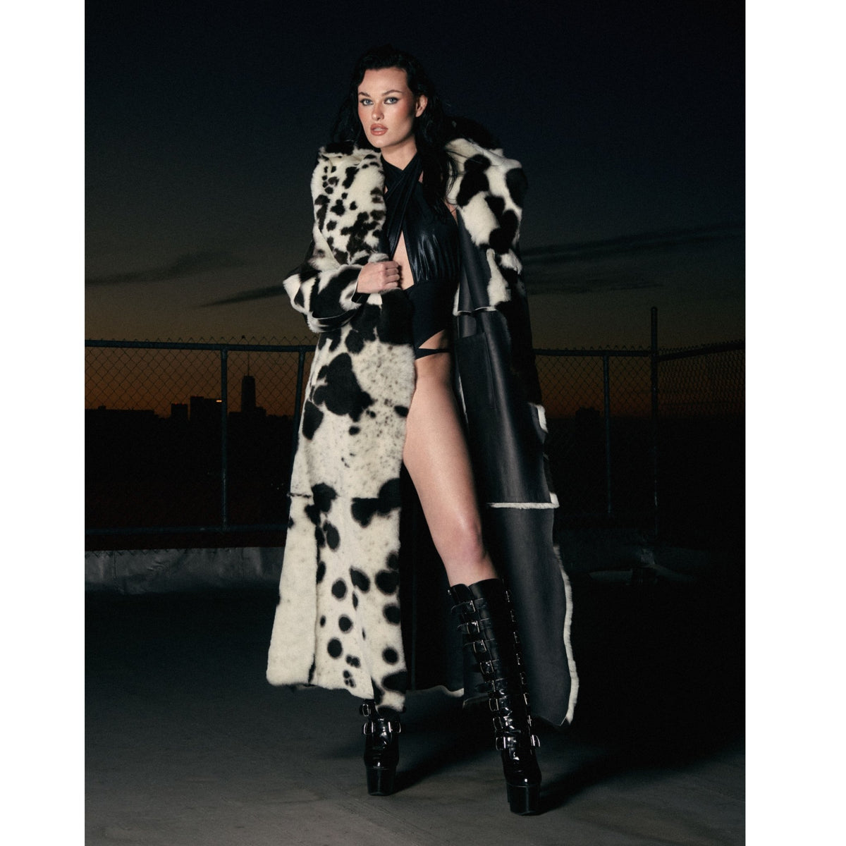 HEIRA LEATHERWEAR black and white reversible lamb shearling full-length coat, women's statement leather coat, editorial look 2, buy at DOORS NYC