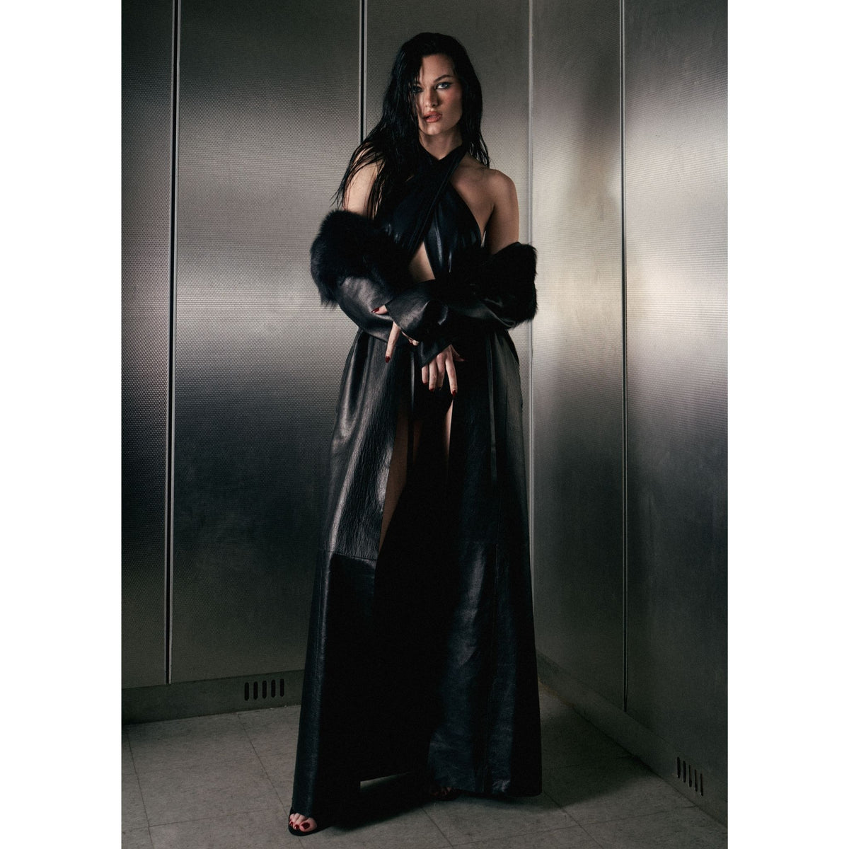 HEIRA LEATHERWEAR black lambskin leather full-length trench coat with lamb fur collar, women's belted leather coat, worn by model, look 2, buy at DOORS NYC