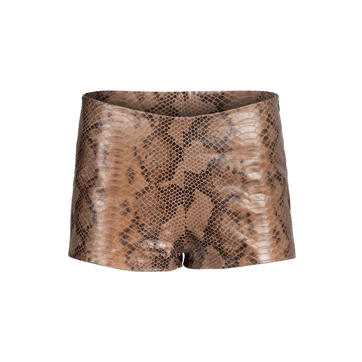 HEIRA LEATHERWEAR brown snakeskin-embossed lambskin leather mini shorts, women's fitted leather shorts, back product view, buy at DOORS NYC