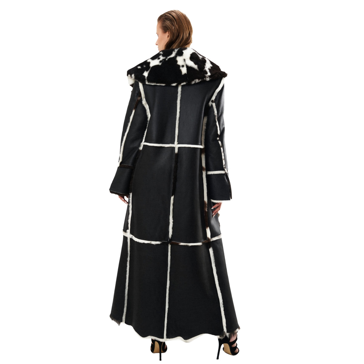 HEIRA LEATHERWEAR black and white reversible lamb shearling full-length coat, women's statement leather coat, worn by model, look 5, buy at DOORS NYC
