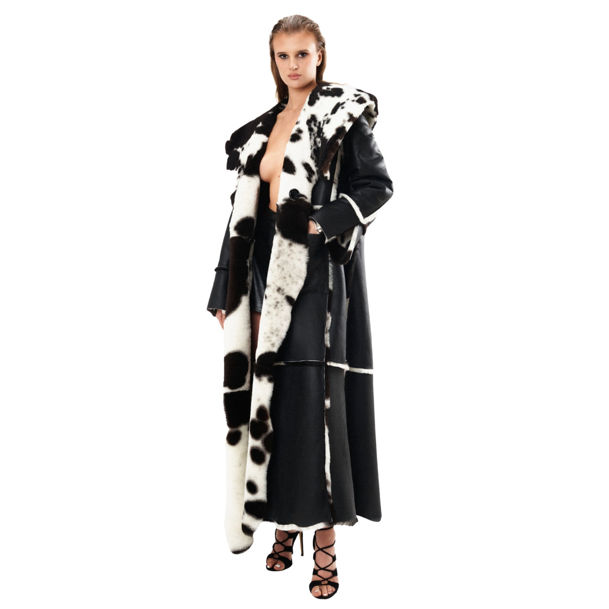 HEIRA LEATHERWEAR black and white reversible lamb shearling full-length coat, women's statement leather coat, worn by model, look 4, buy at DOORS NYC
