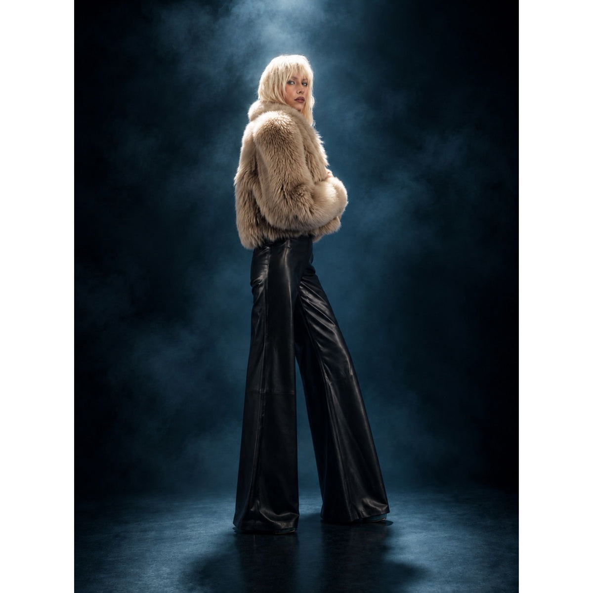 HEIRA LEATHERWEAR black lambskin leather high-waisted wide-leg pants, women's leather trousers, worn by model, look 4, buy at DOORS NYC