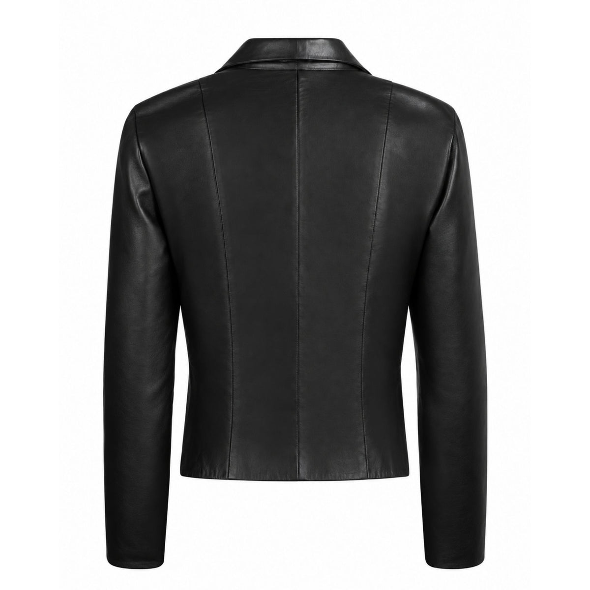 HEIRA LEATHERWEAR black lambskin leather fitted blouse with side slits, women's tailored leather blouse, back product view, buy at DOORS NYC