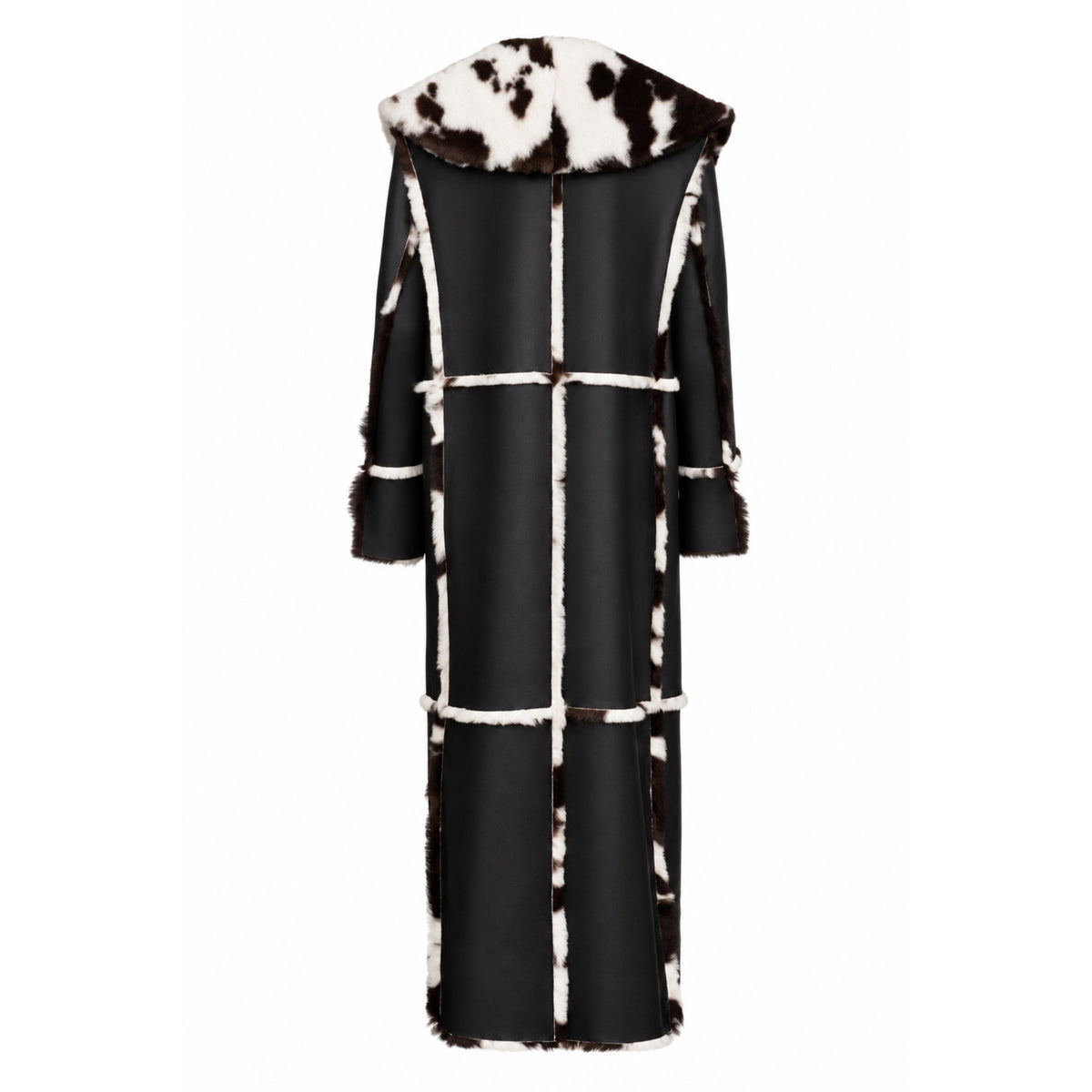 HEIRA LEATHERWEAR black and white reversible lamb shearling full-length coat, women's statement leather coat, reverse leather side product view, buy at DOORS NYC