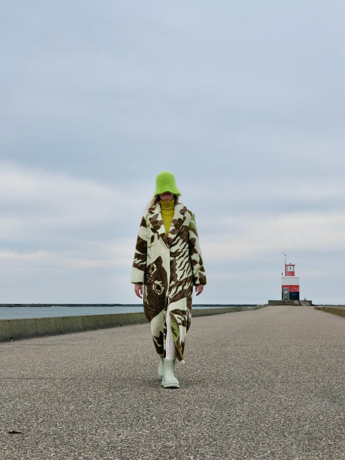 STUDIO WUNDERBAR Greenish Tiger Coat: cream and olive green teddy long coat with botanical and tiger pattern in chocolate brown, moss green and ivory, upcycled one-of-a-kind coat, worn by model, buy at DOORS NYC