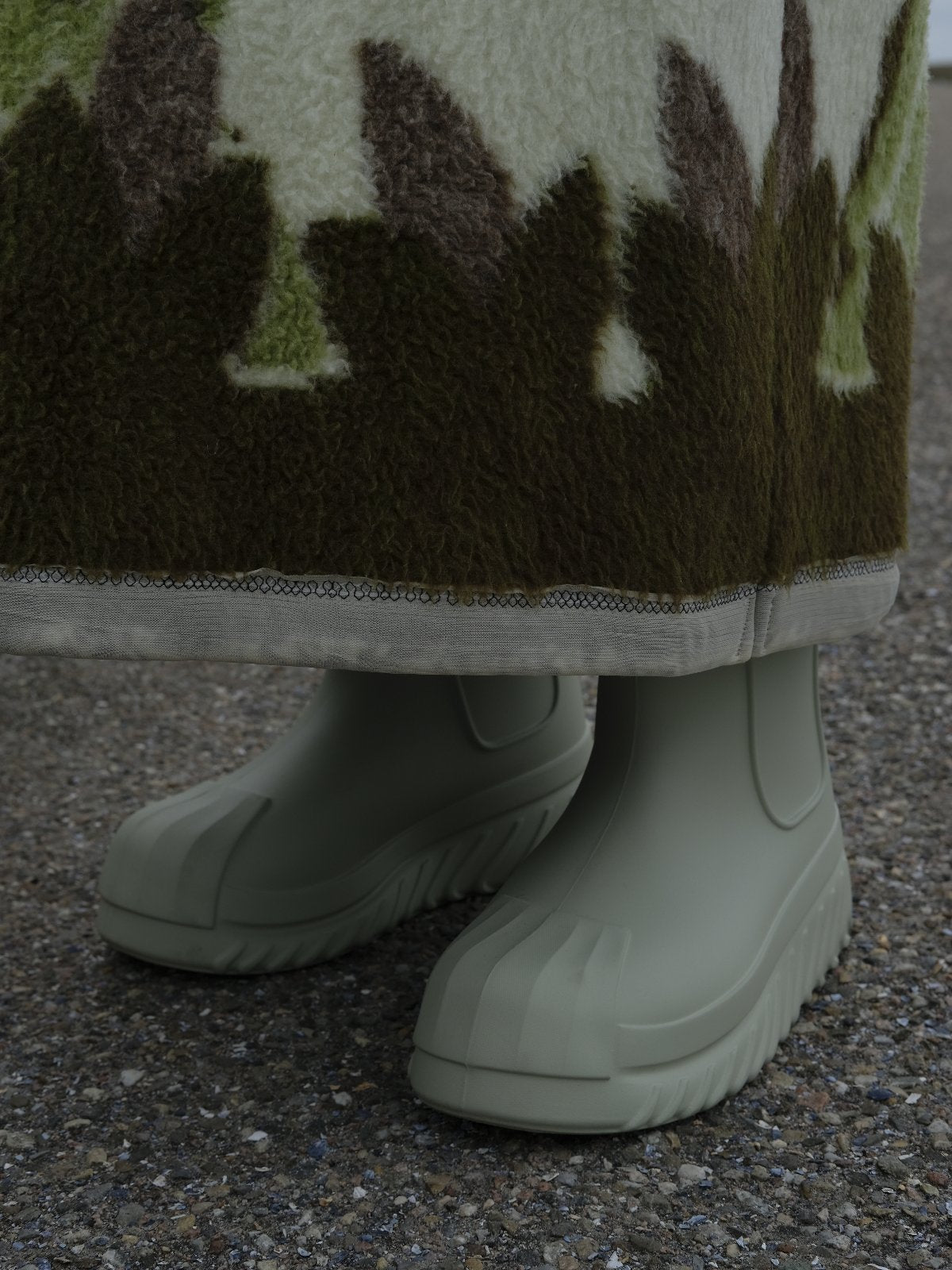 STUDIO WUNDERBAR Greenish Tiger Coat: cream and olive green teddy long coat with botanical and tiger pattern in chocolate brown, moss green and ivory, upcycled one-of-a-kind coat, worn by model, buy at DOORS NYC