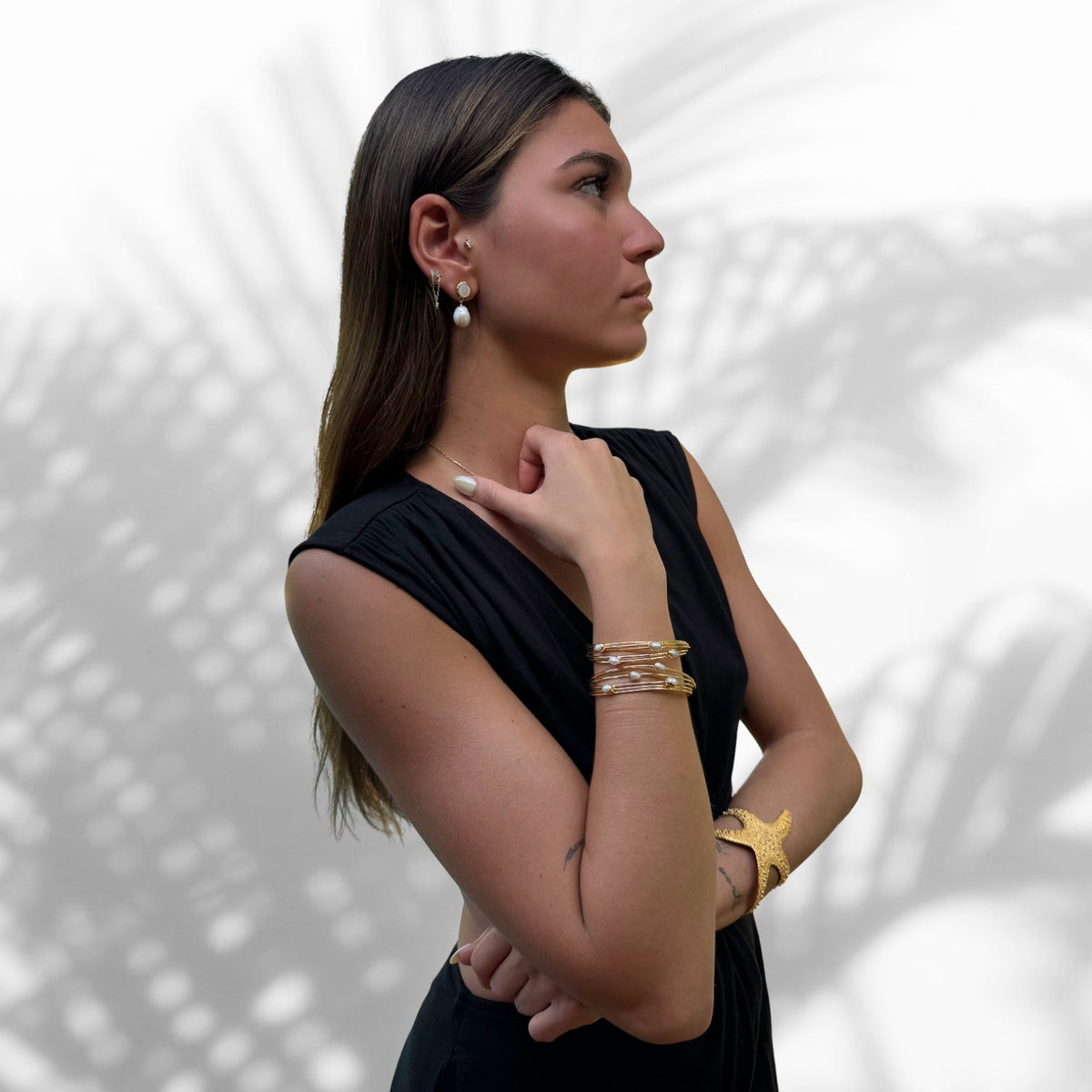 Stylish Pearl and Gold Dangle Earrings