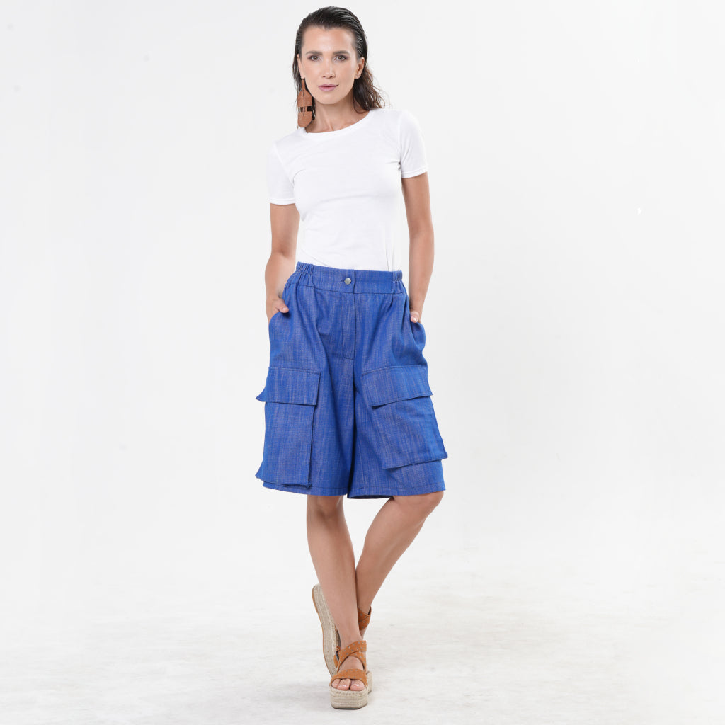 METAMORPHOZA - Blue Denim Cargo Shorts with Oversized Pockets, buy at DOORS NYC