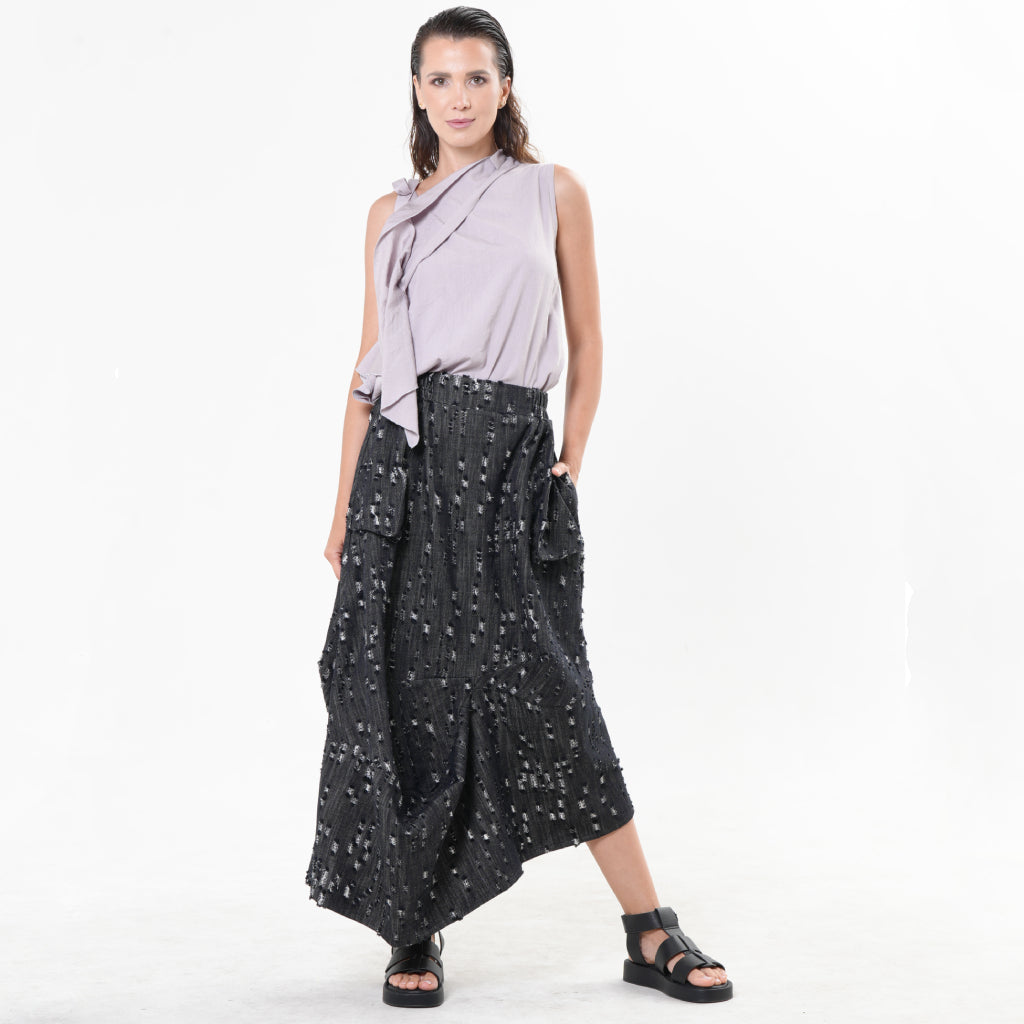 METAMORPHOZA - Distressed Black Denim Draped Skirt with Pockets, buy at DOORS NYC