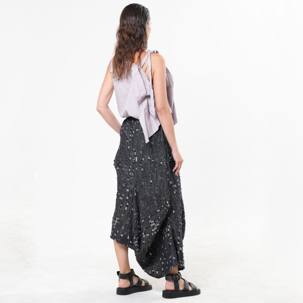 METAMORPHOZA - Distressed Black Denim Draped Skirt with Pockets, buy at DOORS NYC
