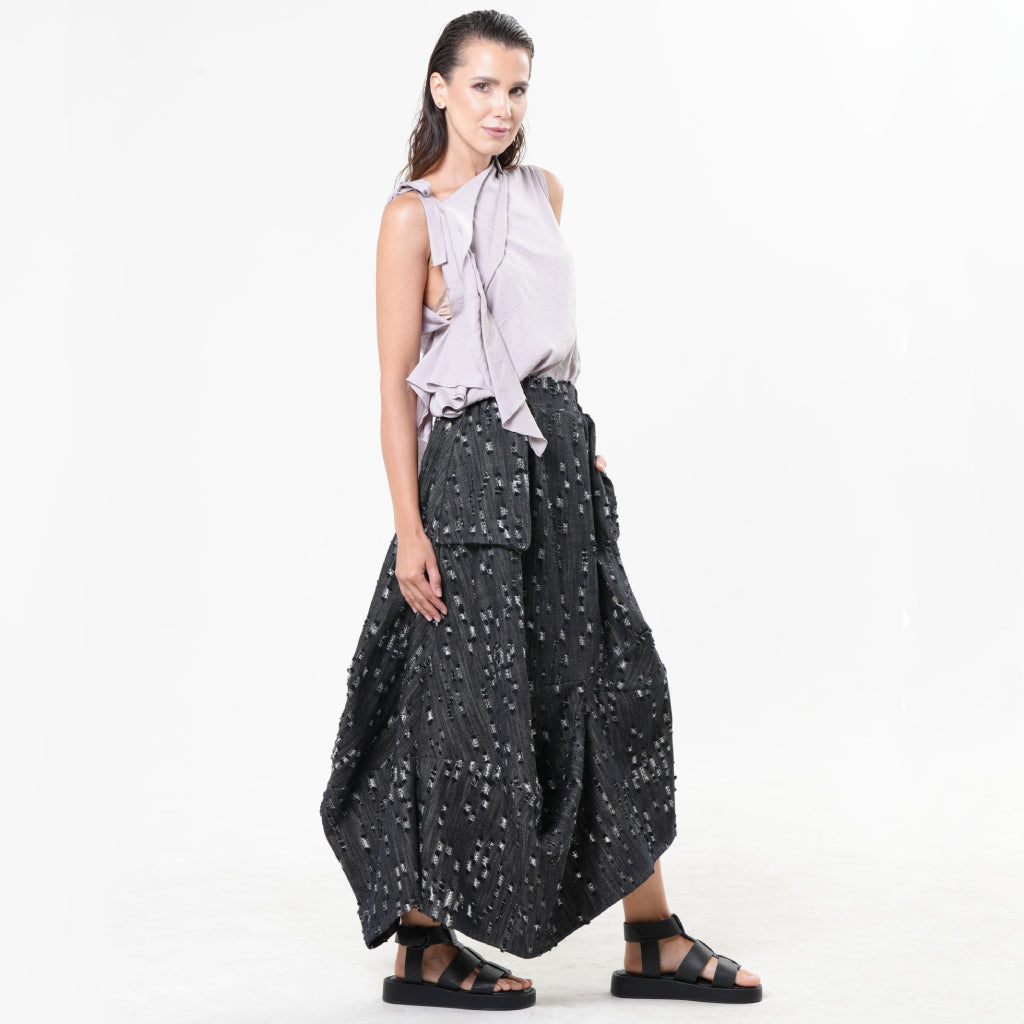 METAMORPHOZA - Distressed Black Denim Draped Skirt with Pockets, buy at DOORS NYC