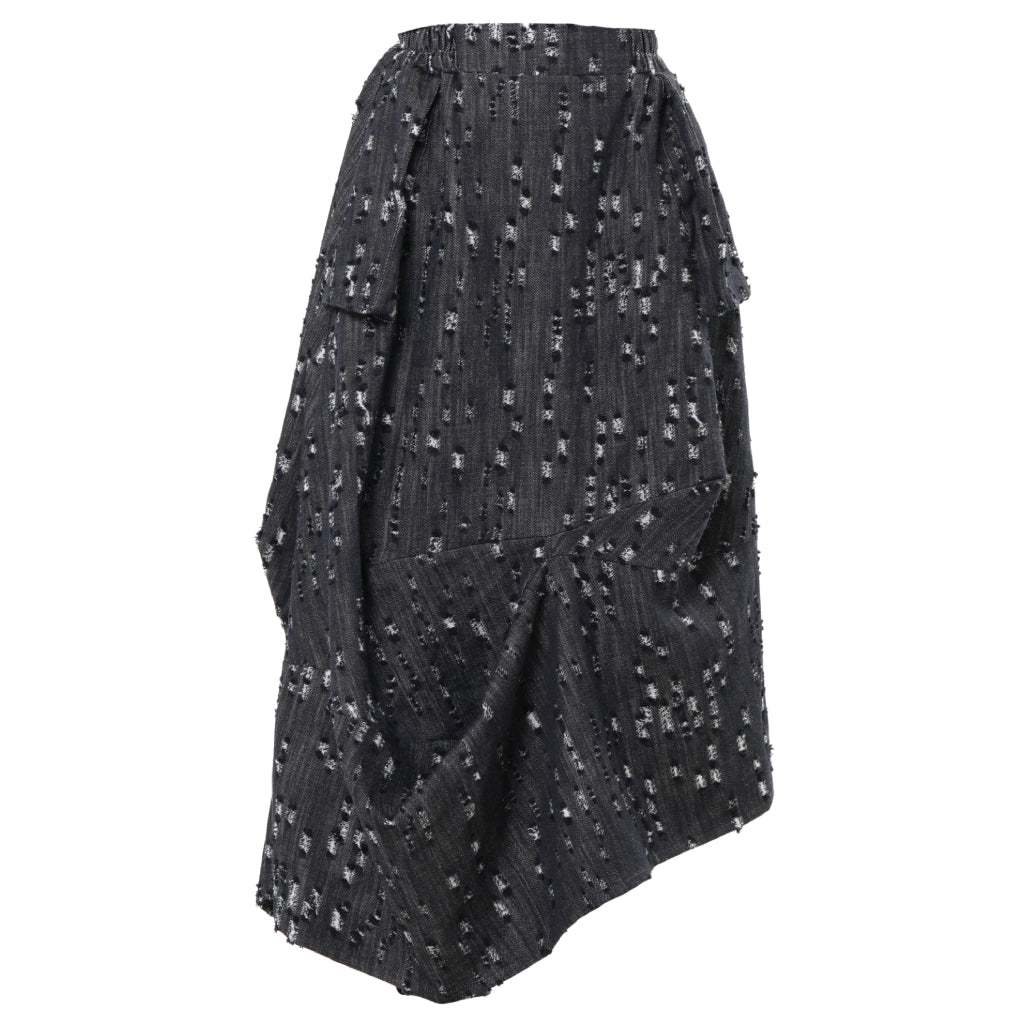 METAMORPHOZA - Distressed Black Denim Draped Skirt with Pockets, buy at DOORS NYC
