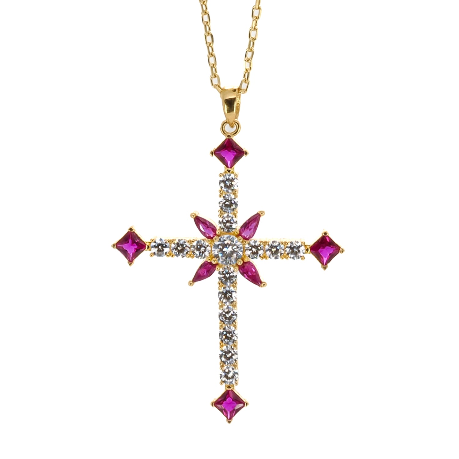 Passion Diamond & Ruby Stone Cross Pendant Necklace with 18K Gold Plating