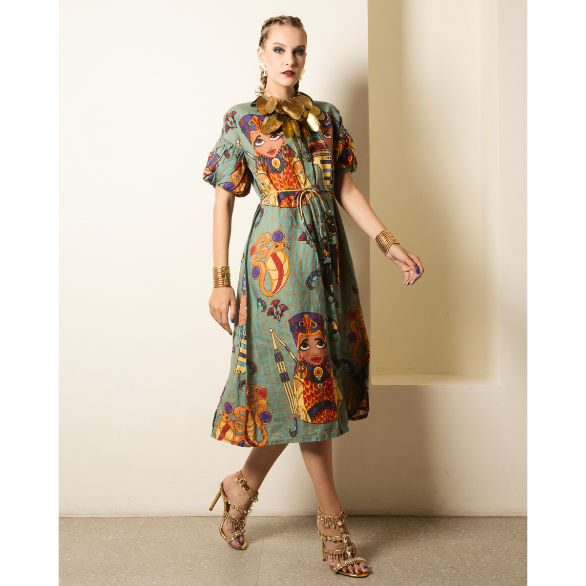 Puff Sleeve Midi Dress with Waist Tie