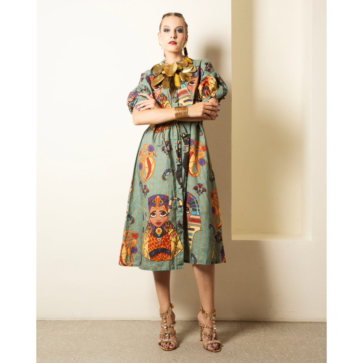 Puff Sleeve Midi Dress with Waist Tie