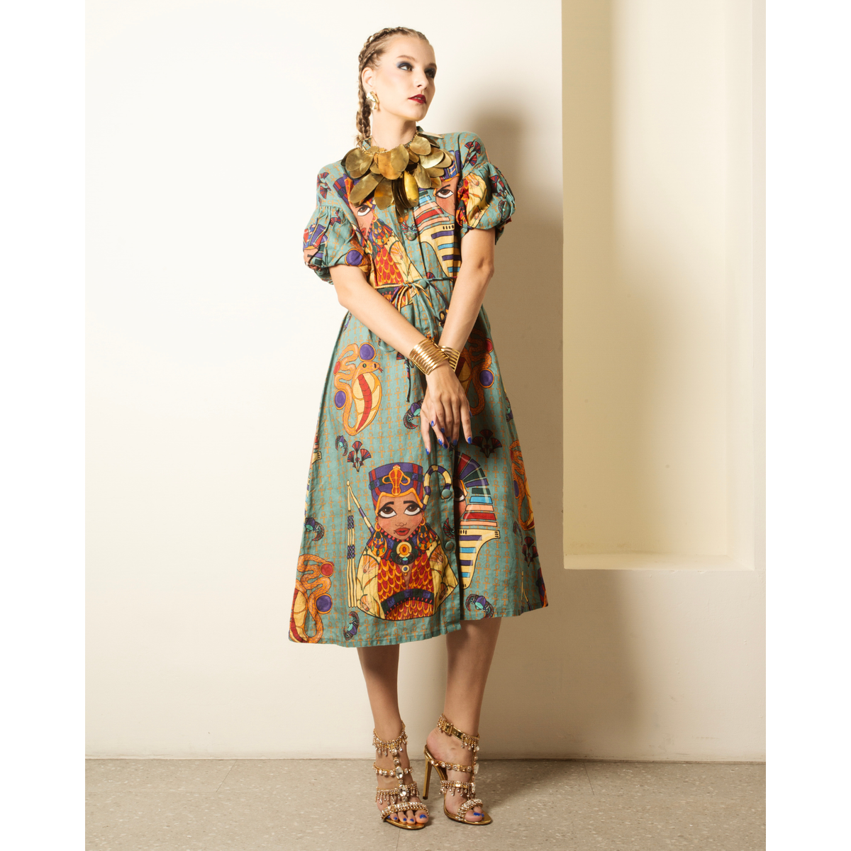 Puff Sleeve Midi Dress with Waist Tie
